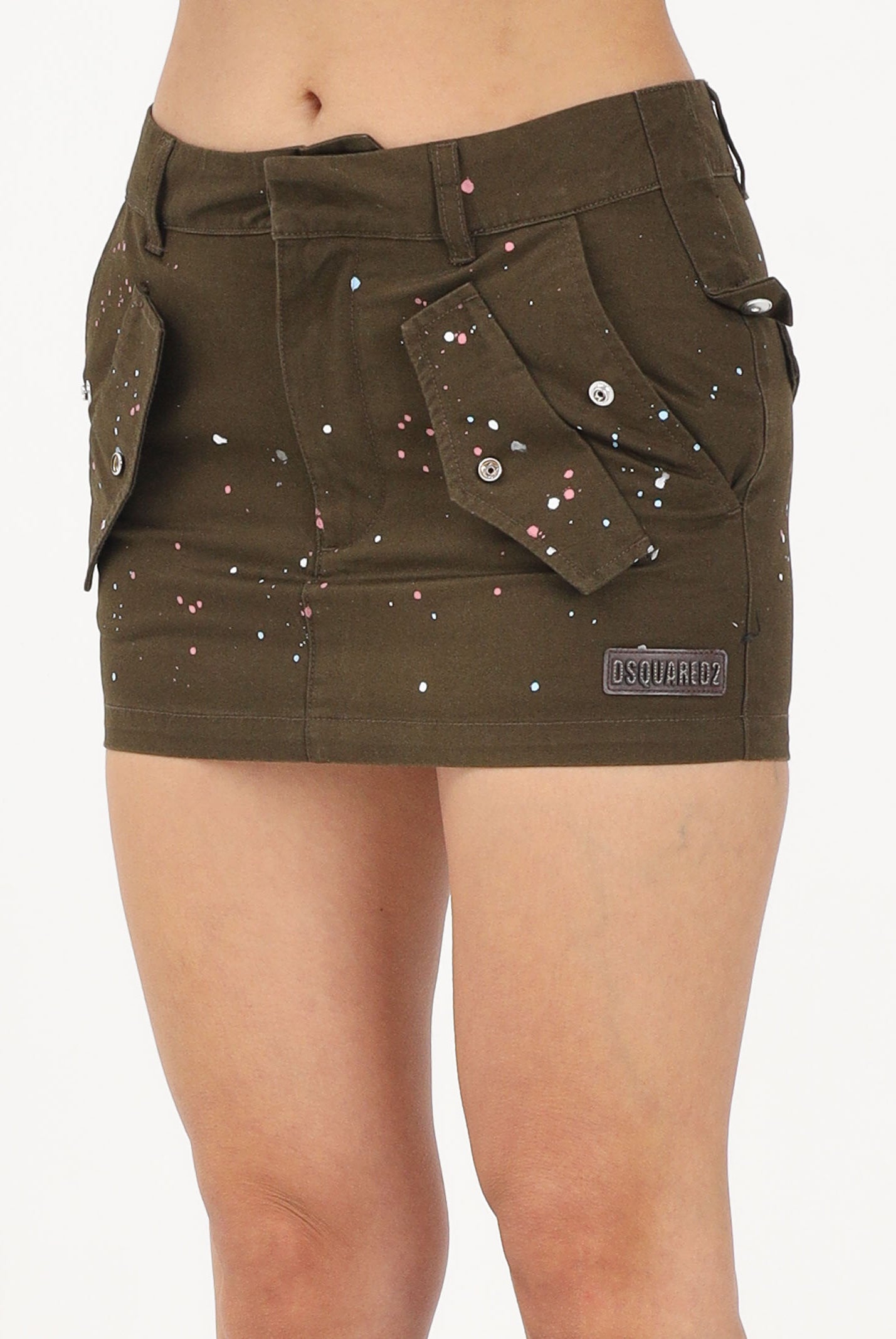 DSQUARED2 Gonna corta verde militare per donna, ragazze e bambine arricchita da effetto paint splatter DQ3217D0AGH DQ558 DSQUARED2