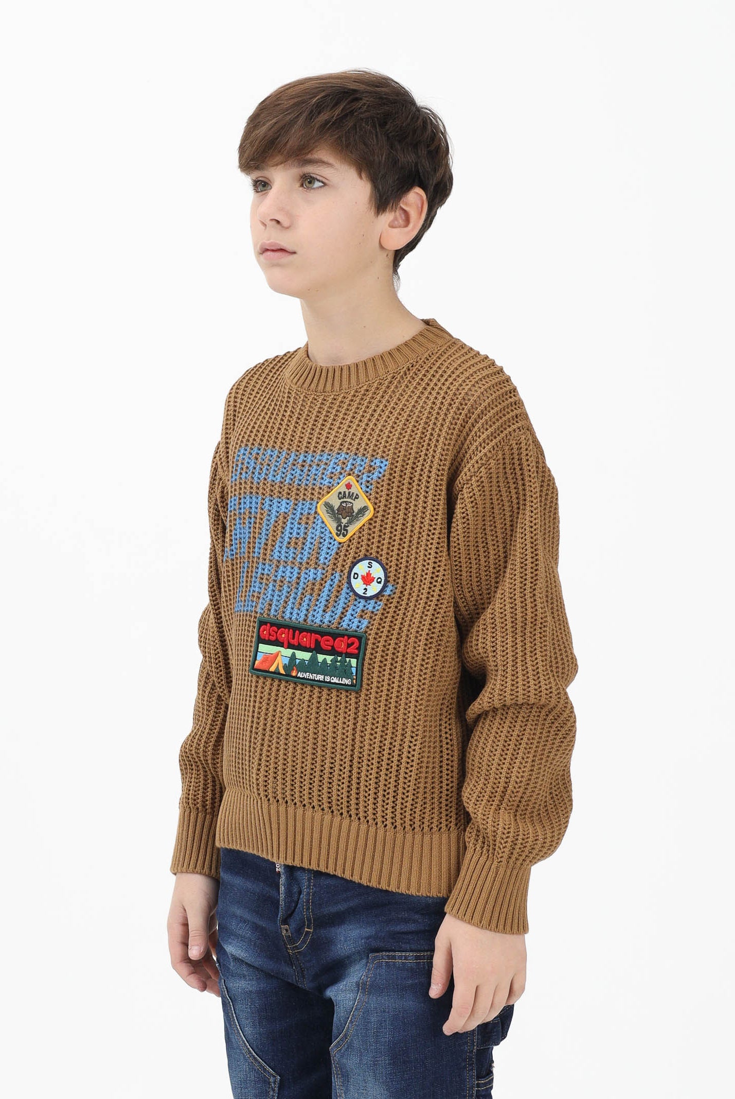 DSQUARED2 Maglioncino girocollo marrone per donna, bambino e bambina con maxi logo e patch DQ3243D0AGR DQ730 DSQUARED2