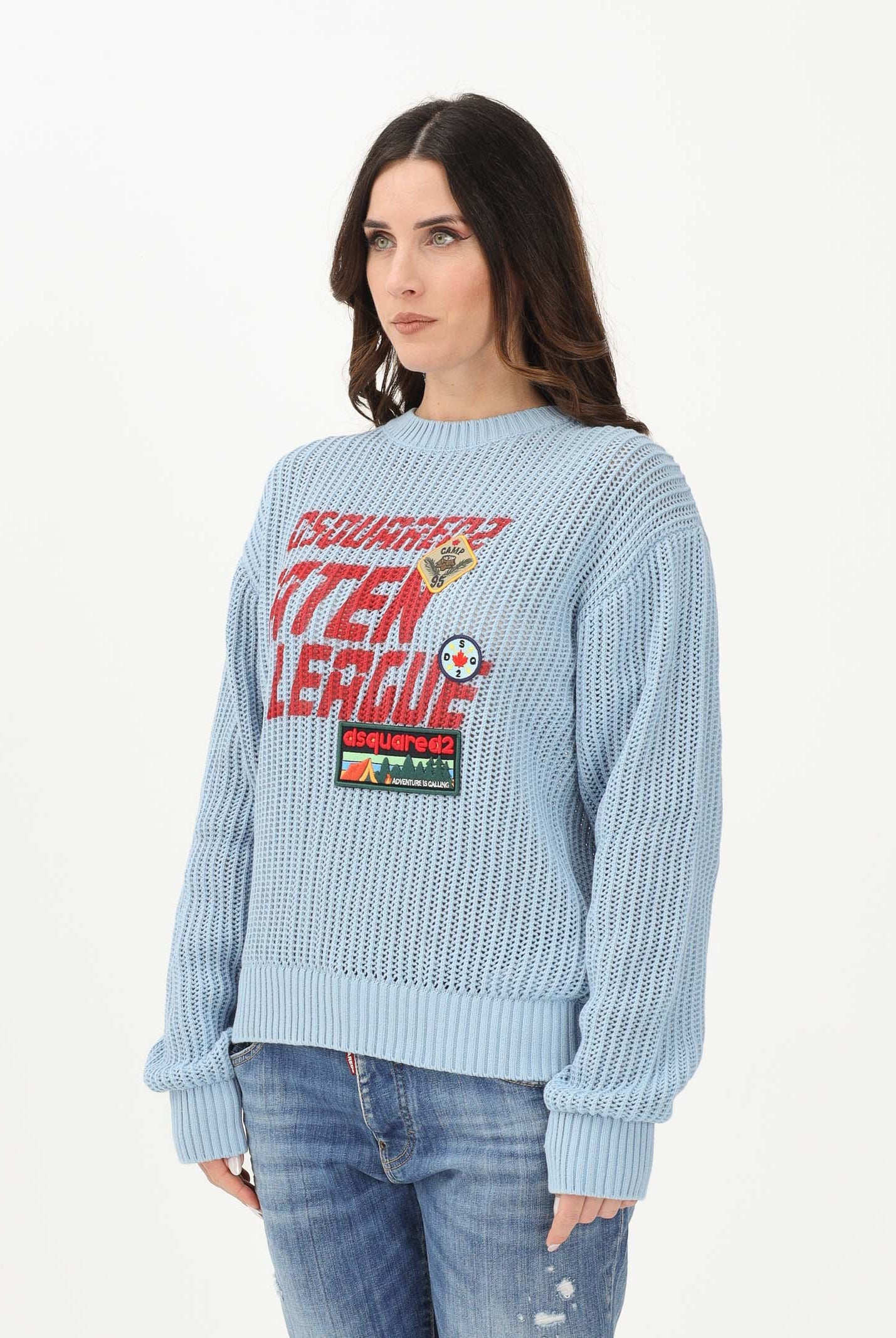 DSQUARED2 Maglioncino girocollo celeste per donna, bambino e bambina con maxi logo e patch DQ3243D0AGR DQ814 DSQUARED2
