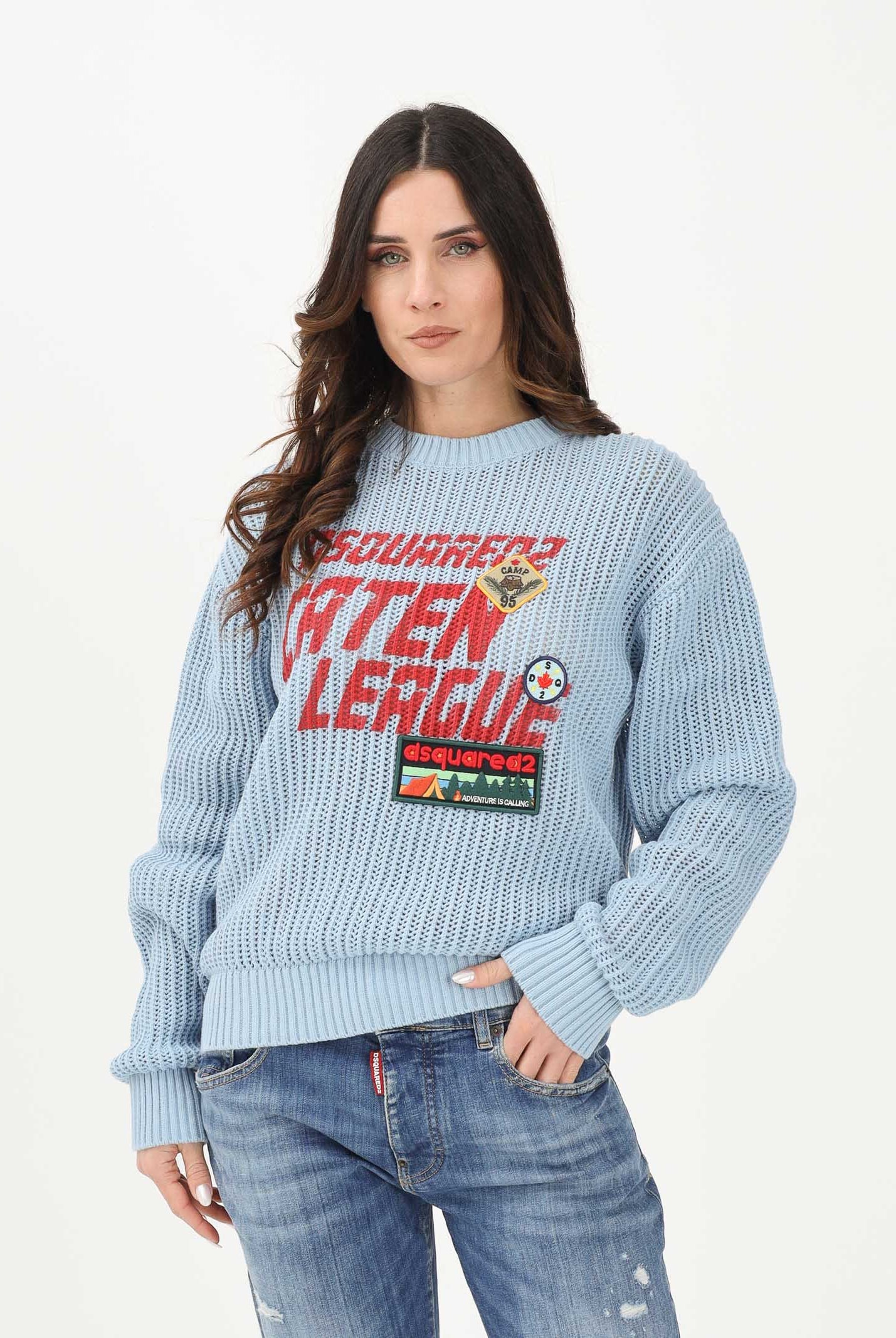 DSQUARED2 Maglioncino girocollo celeste per donna, bambino e bambina con maxi logo e patch DQ3243D0AGR DQ814 DSQUARED2