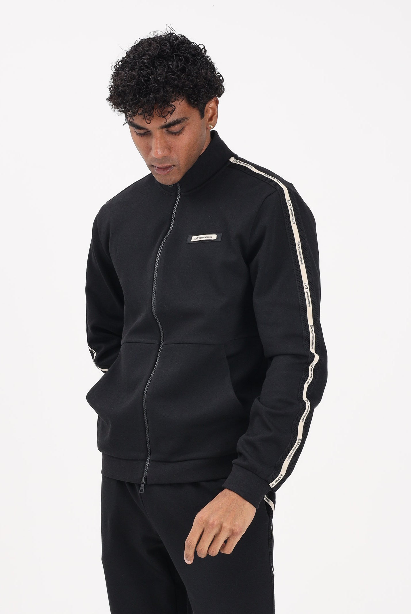EA7 Felpa con zip nera da uomo caratterizzata da bande logate a contrasto 7M001479AF12660 UC001 EA7