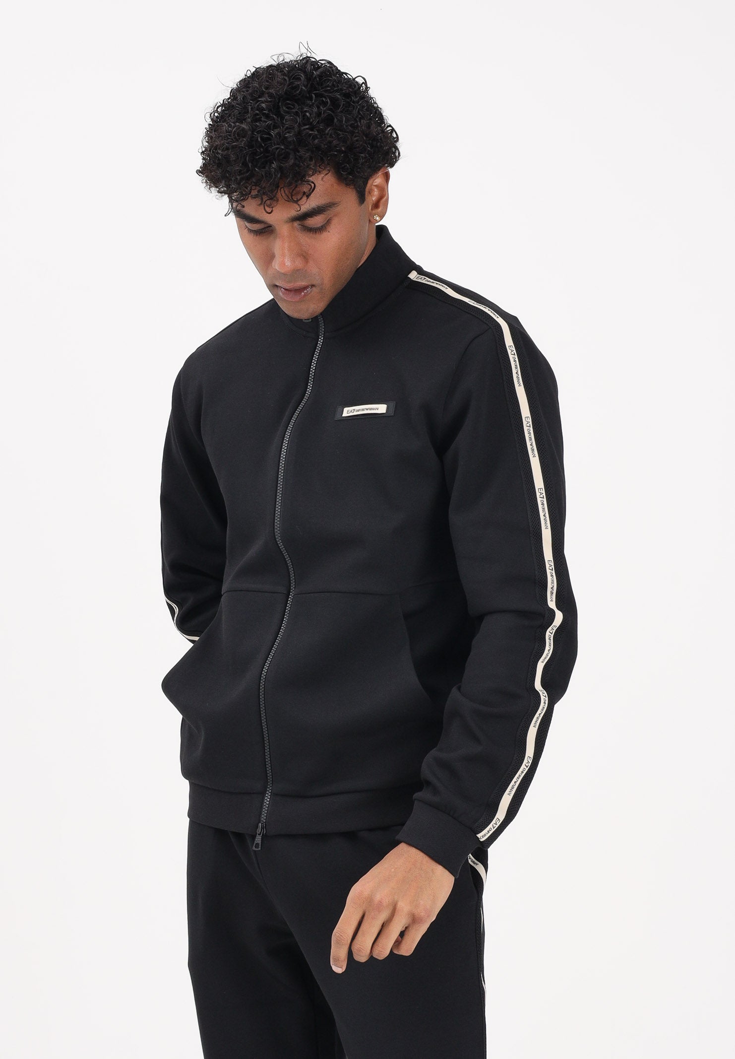 EA7 Felpa con zip nera da uomo caratterizzata da bande logate a contrasto 7M001479AF12660 UC001 EA7