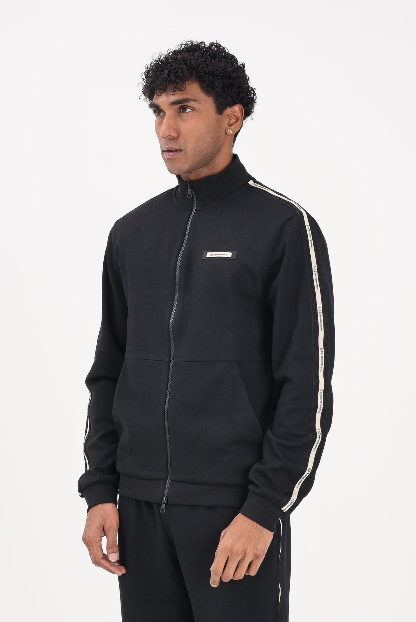 EA7 Felpa con zip nera da uomo caratterizzata da bande logate a contrasto 7M001479AF12660 UC001 EA7