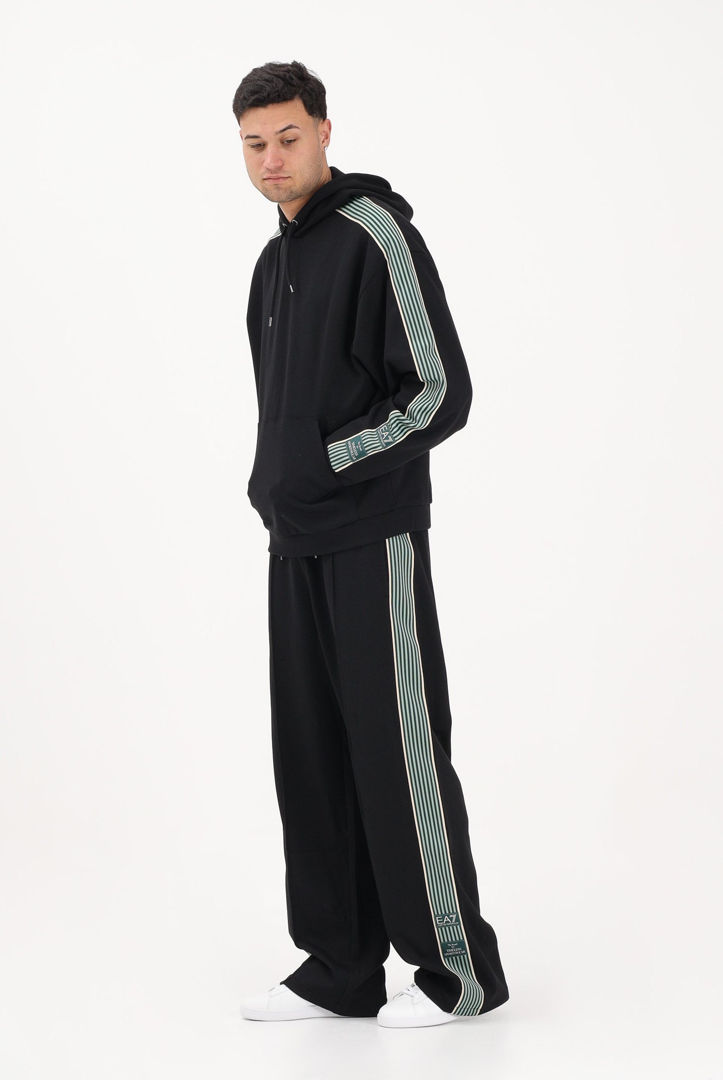 EA7 Pantalone sportivo nero da uomo con dettaglio in gros con righe bicolore 7M001509AF12660 UC001 EA7