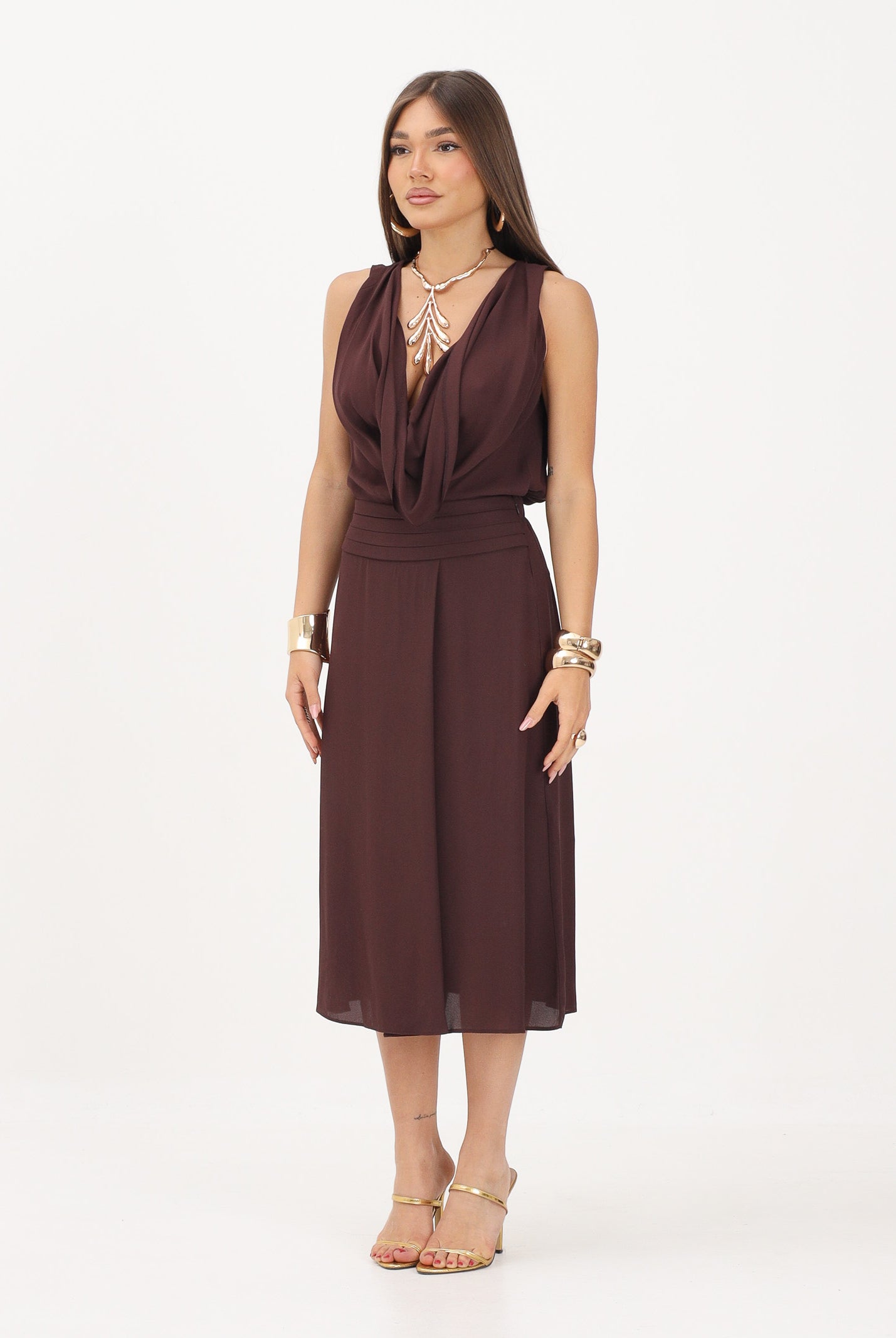 ELISABETTA FRANCHI abito midi in georgette di viscosa Cacao marrone donna. AB88461E2 644 ELISABETTA FRANCHI