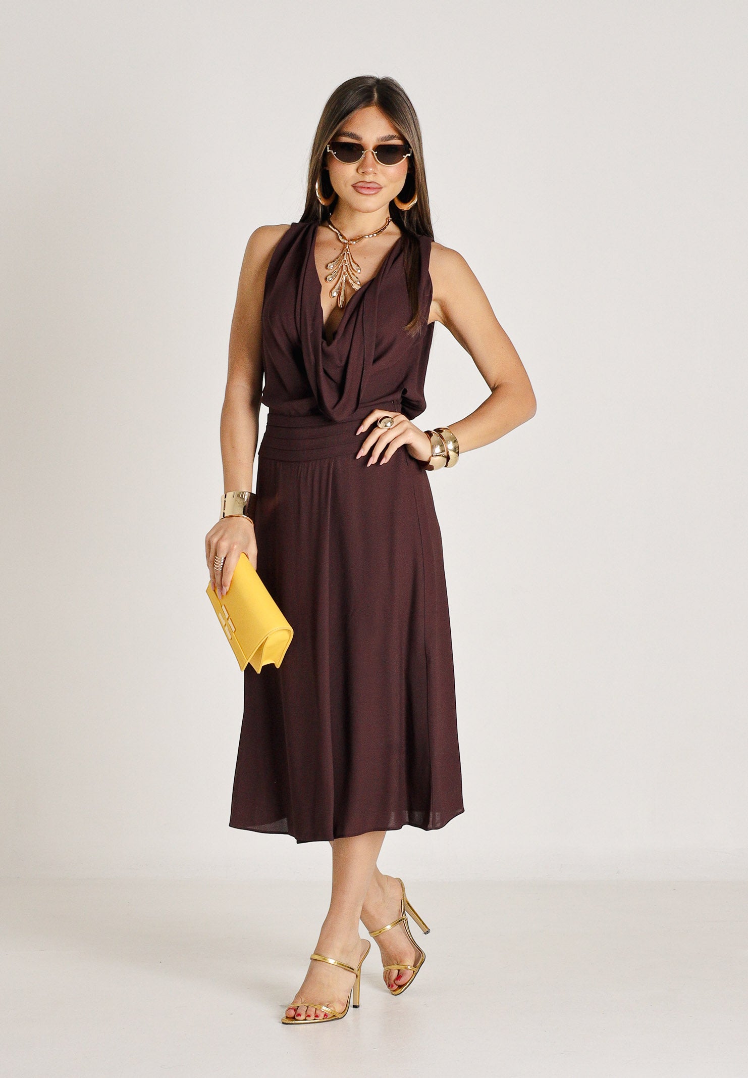 ELISABETTA FRANCHI abito midi in georgette di viscosa Cacao marrone donna. AB88461E2 644 ELISABETTA FRANCHI