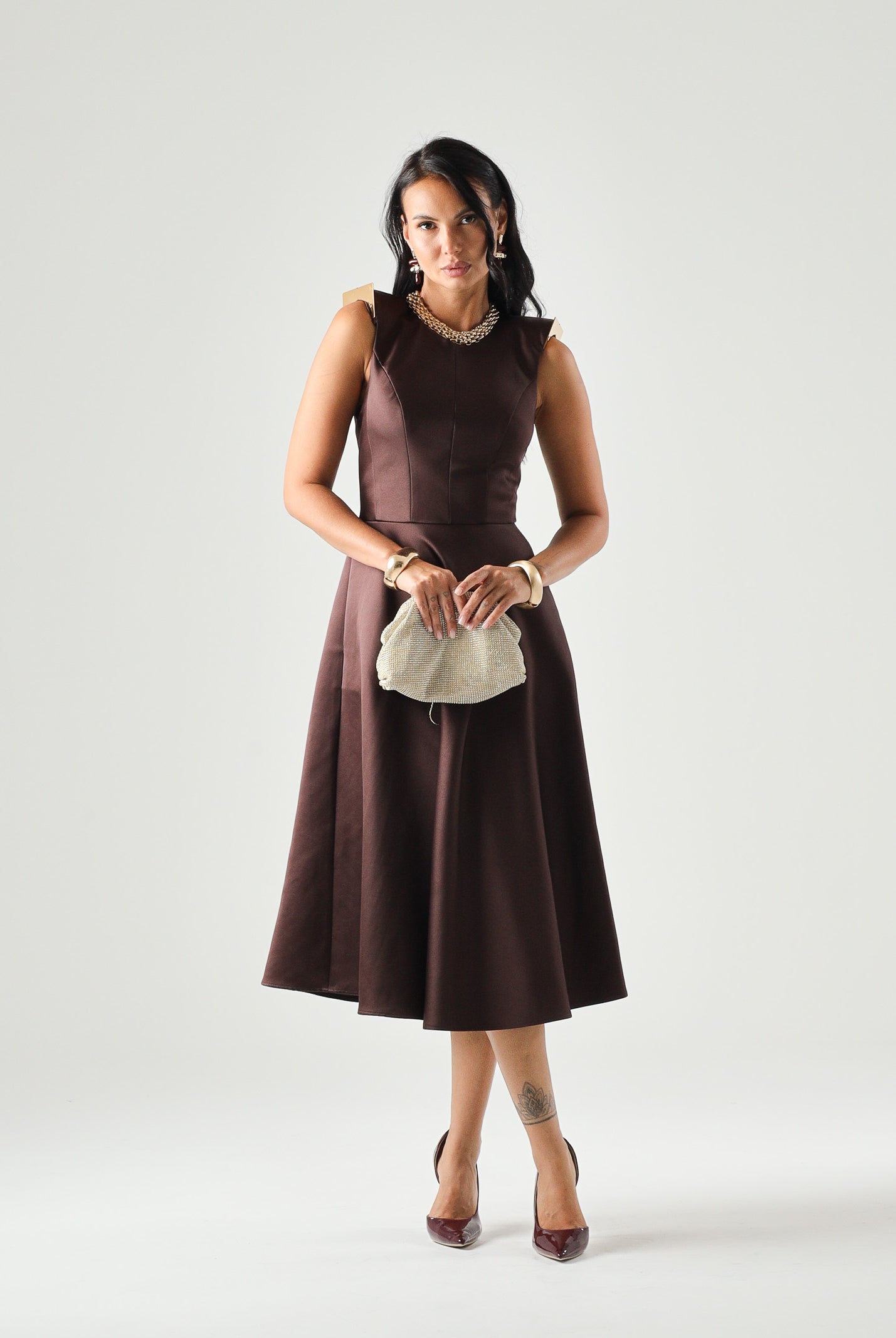 ELISABETTA FRANCHI abito midi in duchesse cacao marrone donna. AB95462E2 644 ELISABETTA FRANCHI
