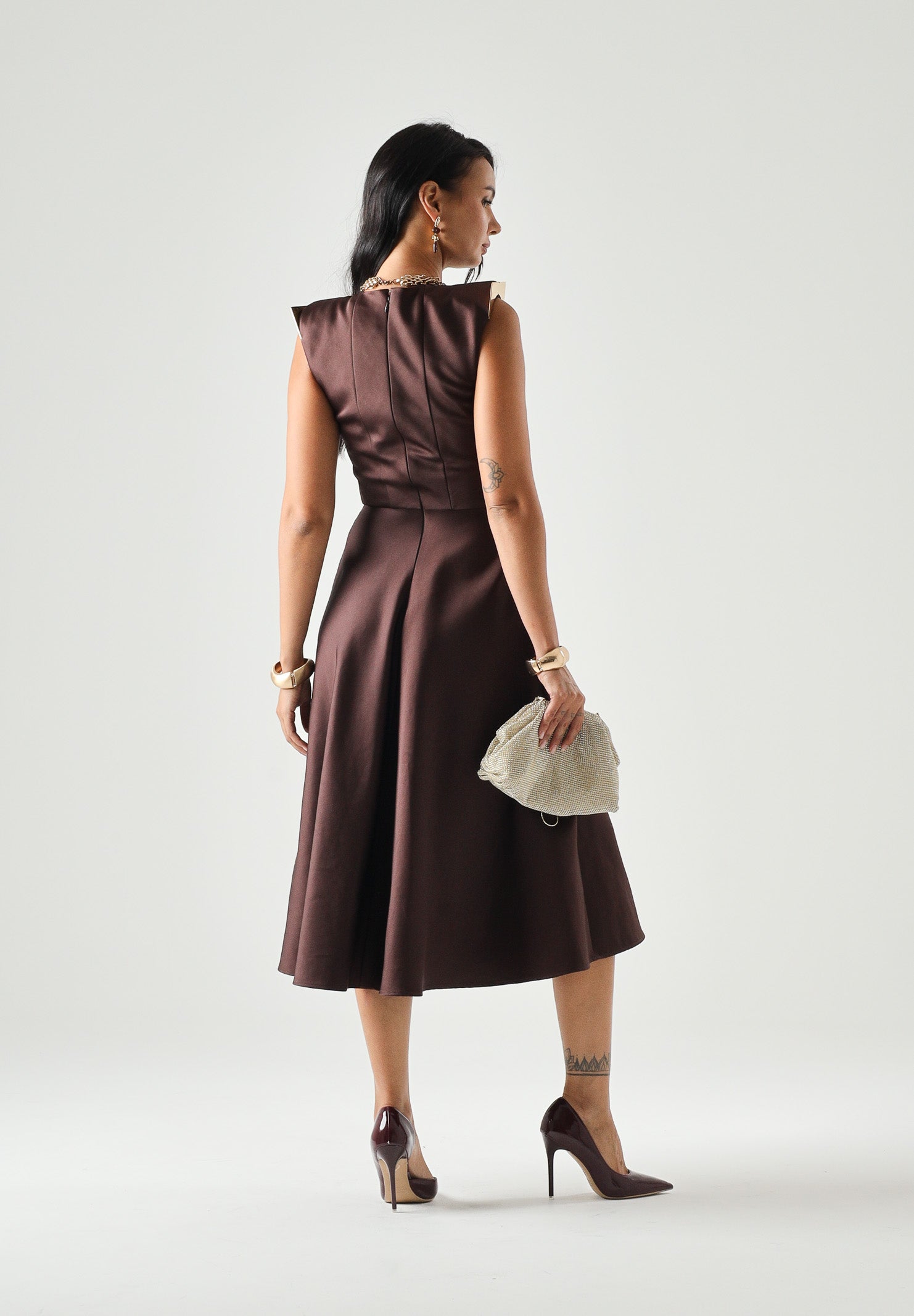 ELISABETTA FRANCHI abito midi in duchesse cacao marrone donna. AB95462E2 644 ELISABETTA FRANCHI