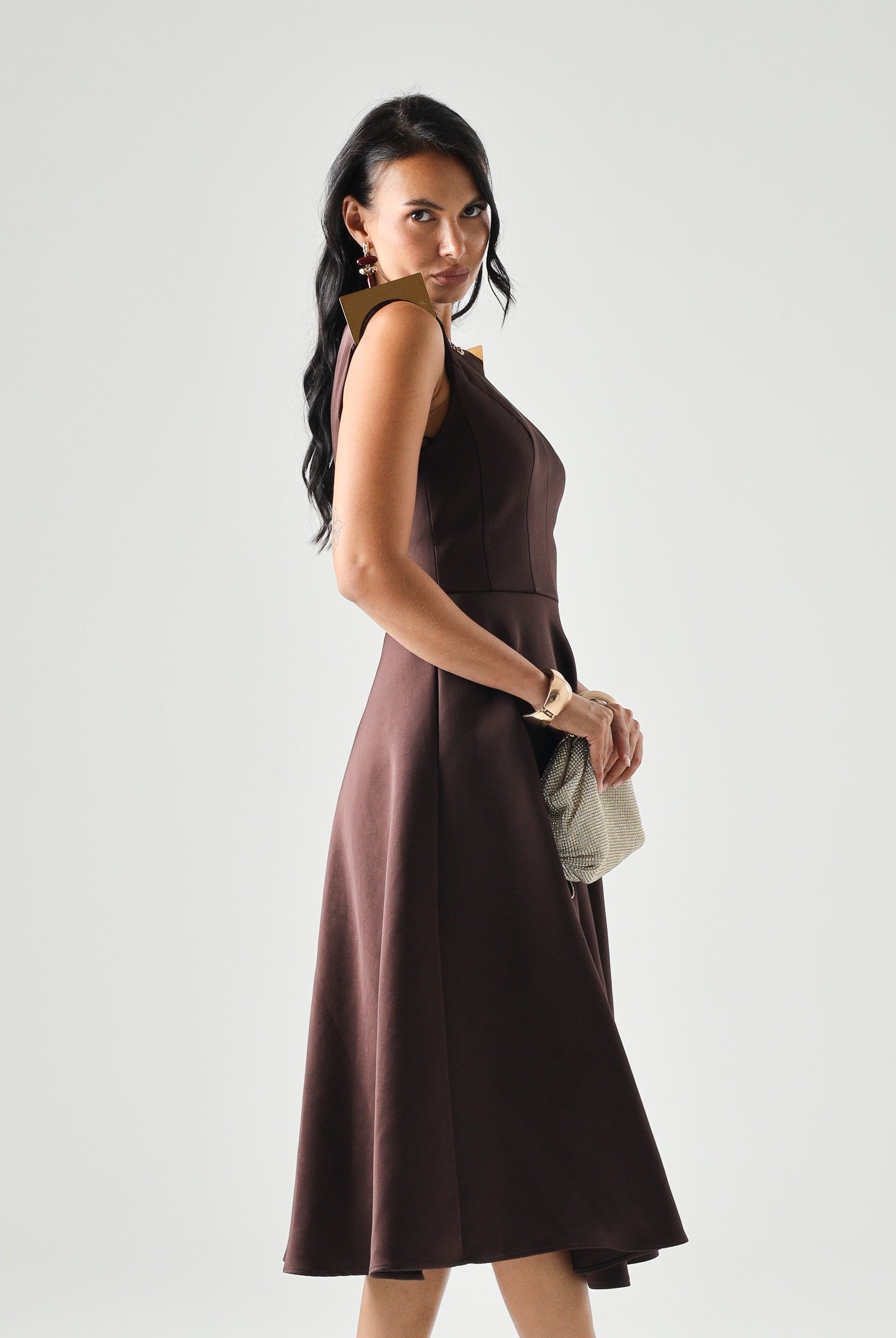 ELISABETTA FRANCHI abito midi in duchesse cacao marrone donna. AB95462E2 644 ELISABETTA FRANCHI