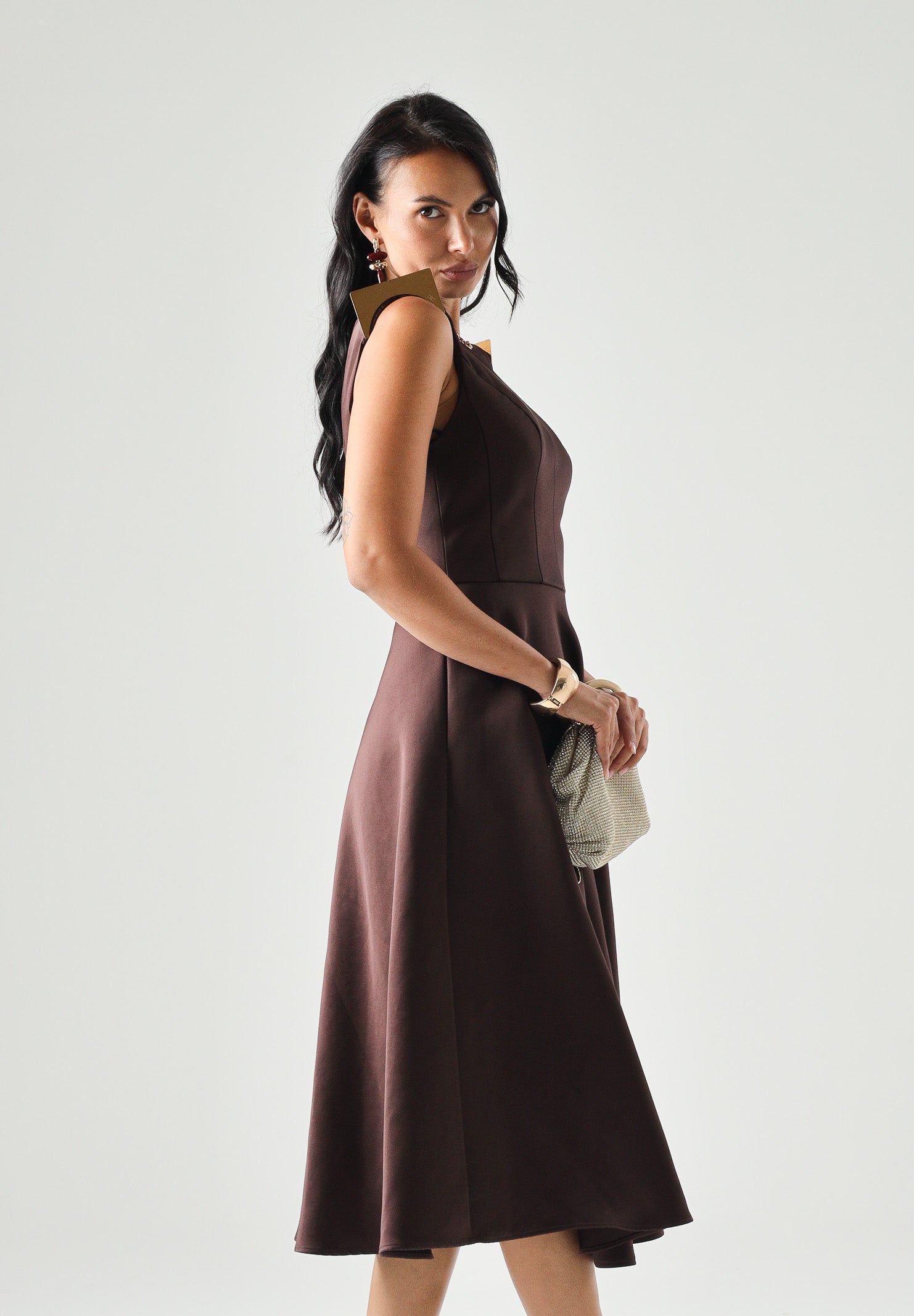 ELISABETTA FRANCHI abito midi in duchesse cacao marrone donna. AB95462E2 644 ELISABETTA FRANCHI