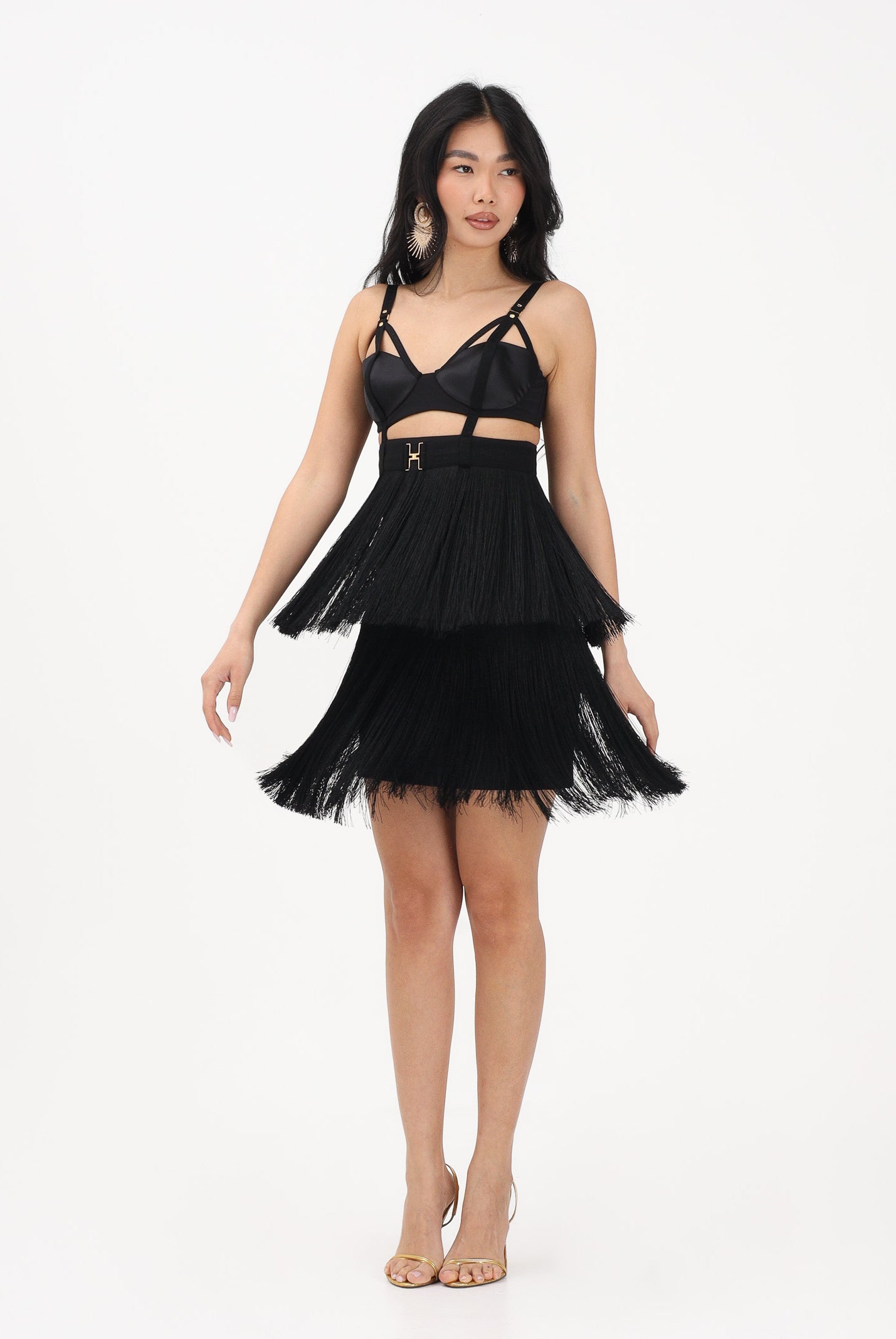 ELISABETTA FRANCHI Abito corto nero da donna con frange AB96662E2 110 ELISABETTA FRANCHI