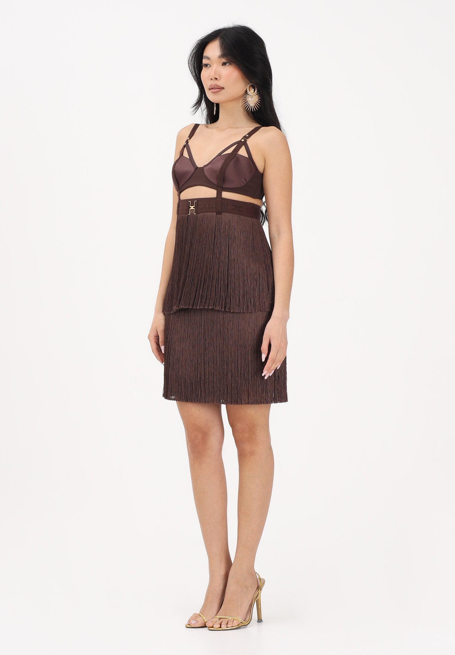 ELISABETTA FRANCHI Abito corto cacao da donna con frange AB96662E2 644 ELISABETTA FRANCHI
