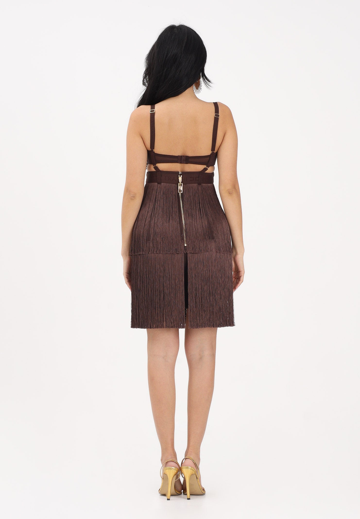 ELISABETTA FRANCHI Abito corto cacao da donna con frange AB96662E2 644 ELISABETTA FRANCHI