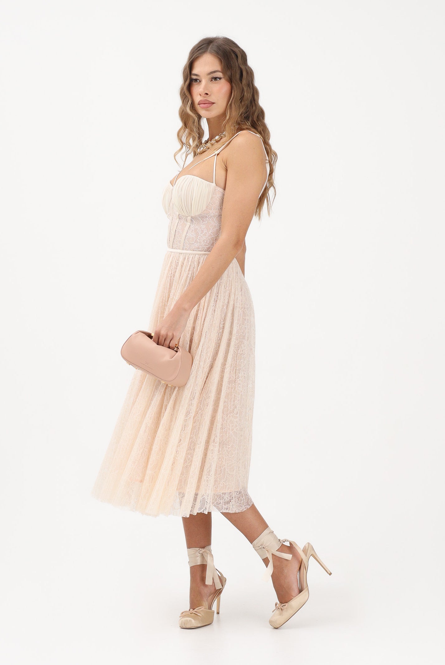 ELISABETTA FRANCHI Abito midi burro da donna realizzato in delicato pizzo AB97162E2 EG9 ELISABETTA FRANCHI