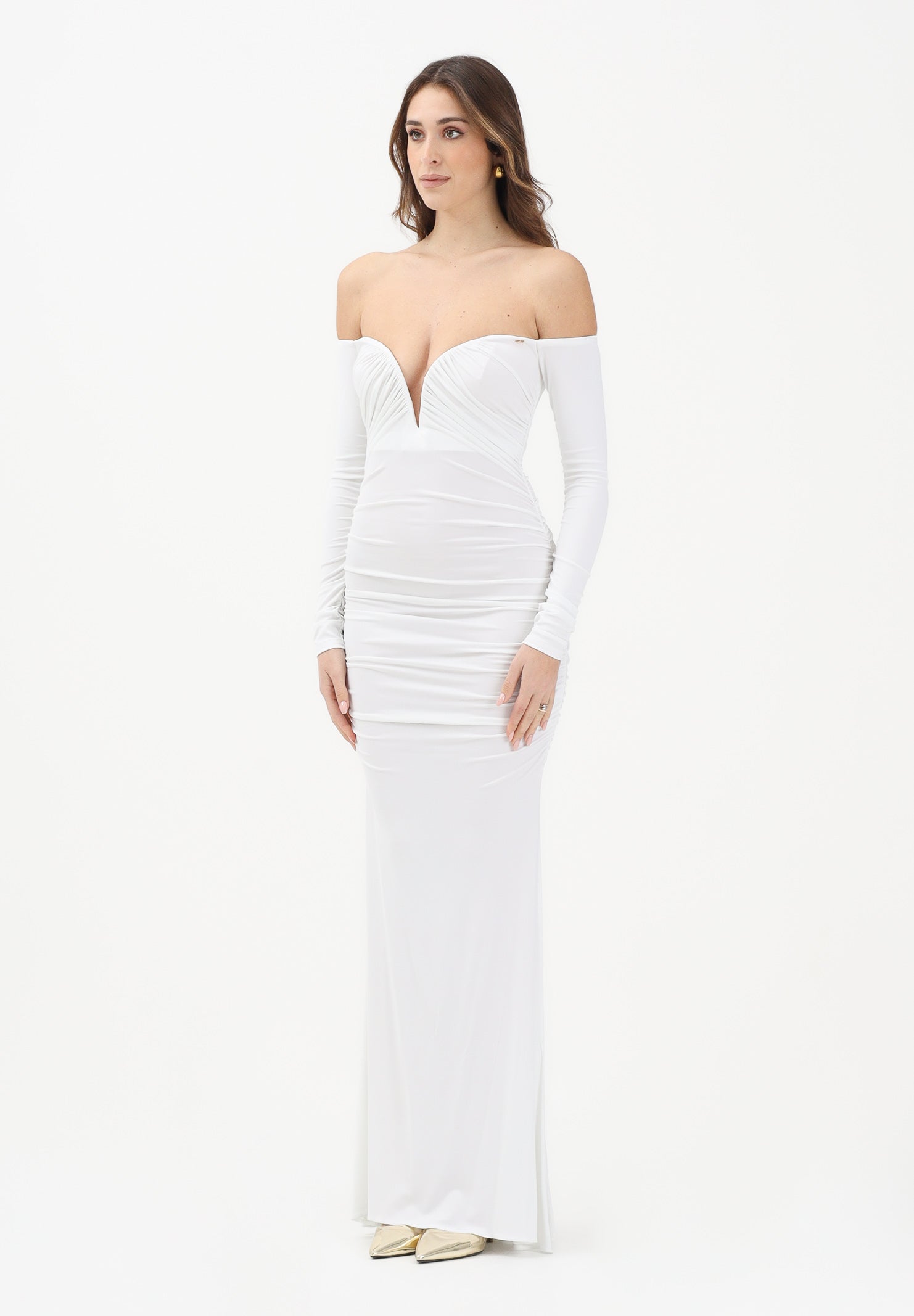 ELISABETTA FRANCHI Abito lungo avorio da donna con drappeggi ABR1061E2 360 ELISABETTA FRANCHI