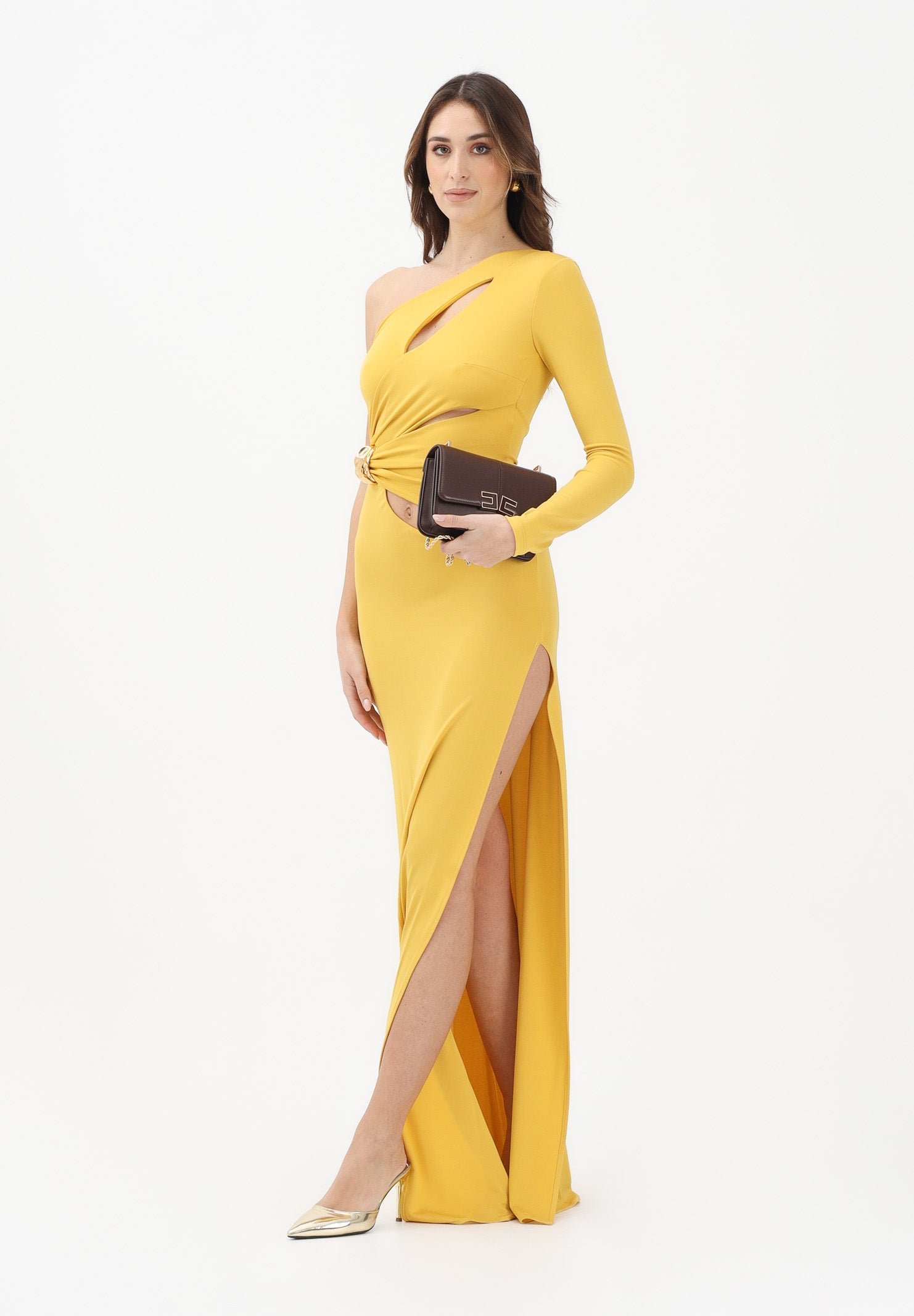 ELISABETTA FRANCHI Abito lungo giallo da donna con dettaglio gioiello ABR2561E2 EV4 ELISABETTA FRANCHI