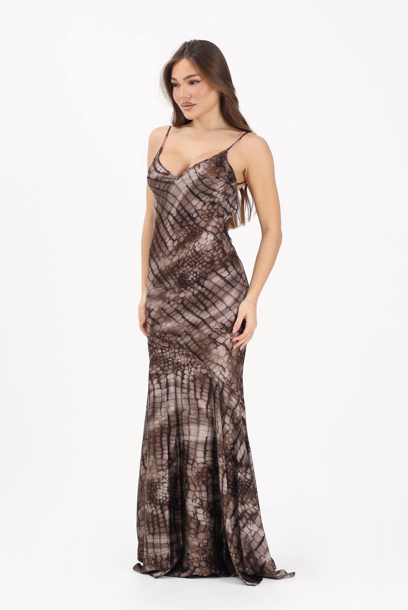 ELISABETTA FRANCHI Abito lungo cacao da donna con stampa alligatore ABR3061E2 644 ELISABETTA FRANCHI
