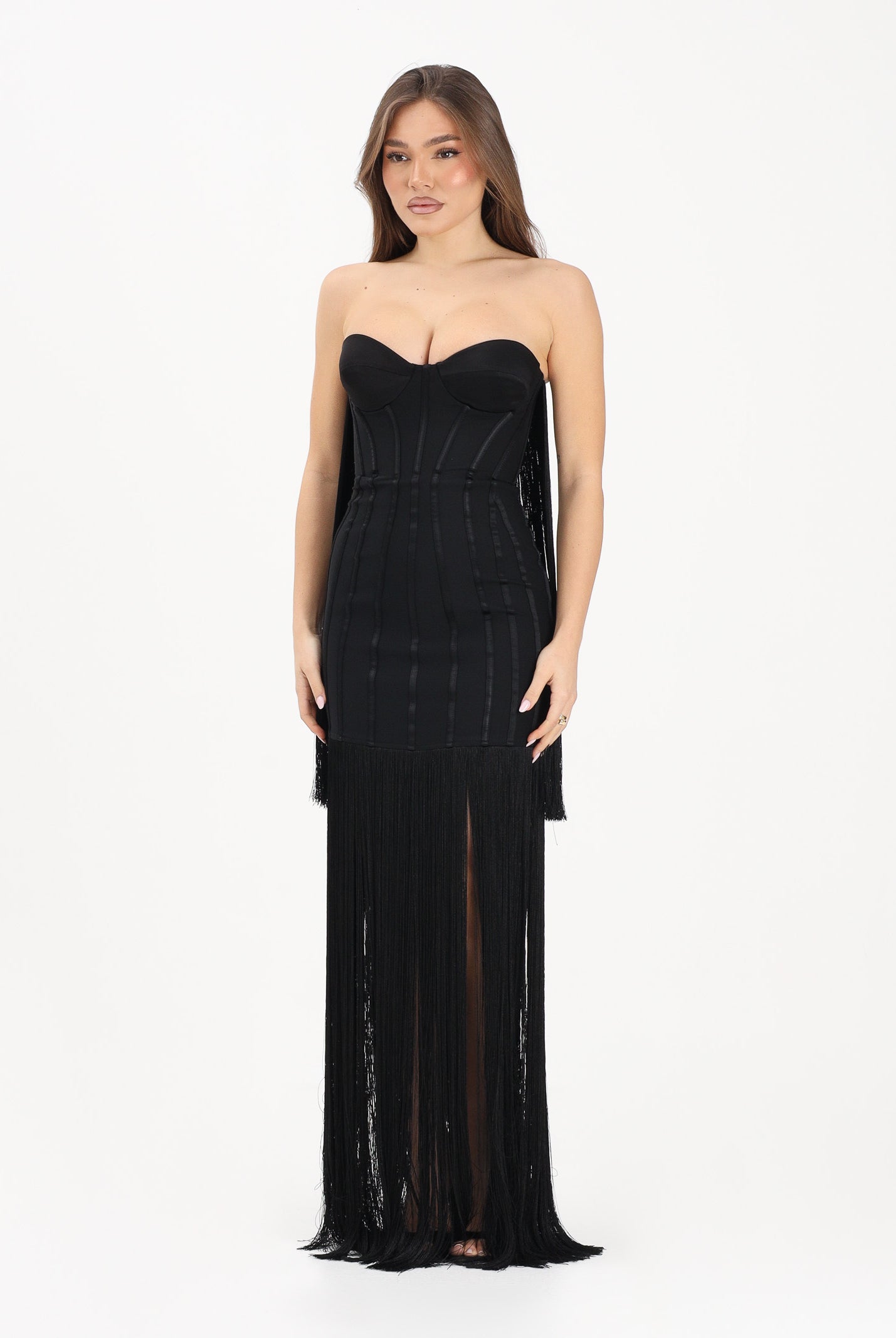ELISABETTA FRANCHI Abito lungo nero da donna con frange ABR3762E2 110 ELISABETTA FRANCHI