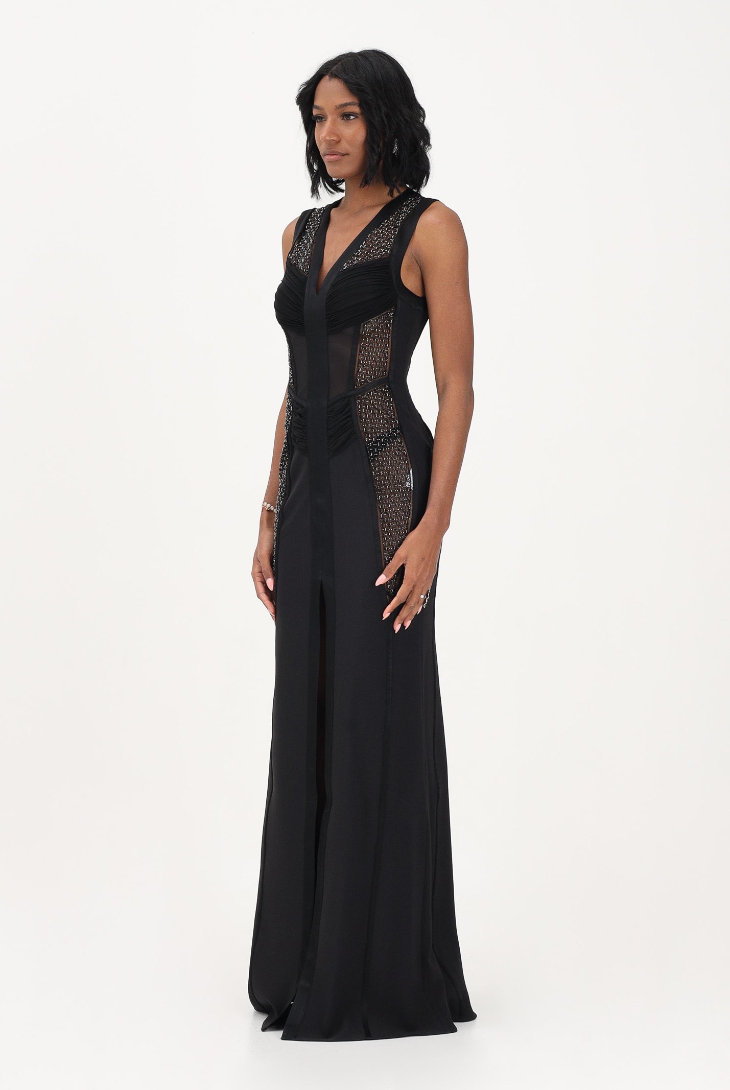 ELISABETTA FRANCHI Abito lungo nero da donna con inserti in rete trasparente ABR4362E2 110 ELISABETTA FRANCHI
