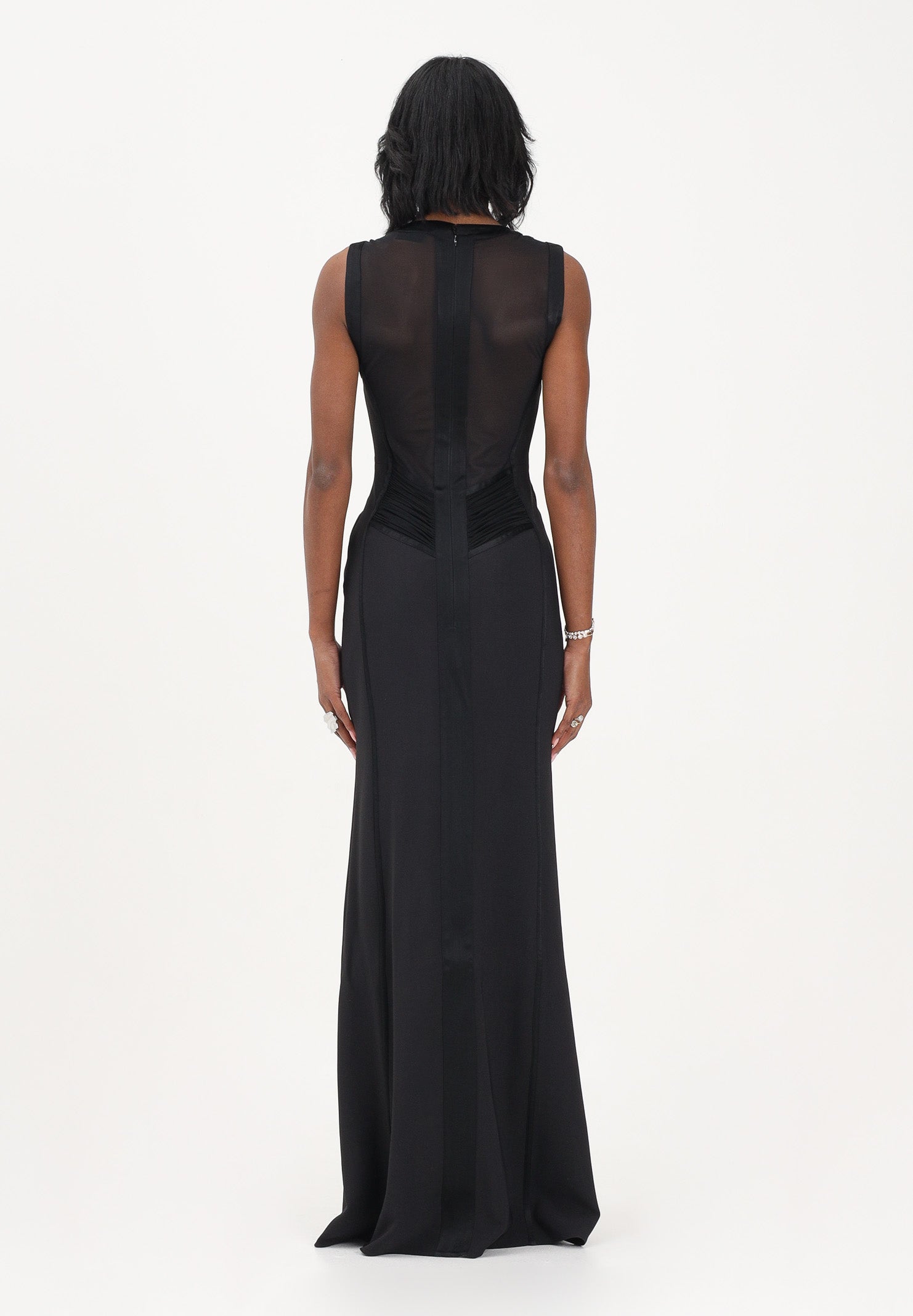 ELISABETTA FRANCHI Abito lungo nero da donna con inserti in rete trasparente ABR4362E2 110 ELISABETTA FRANCHI