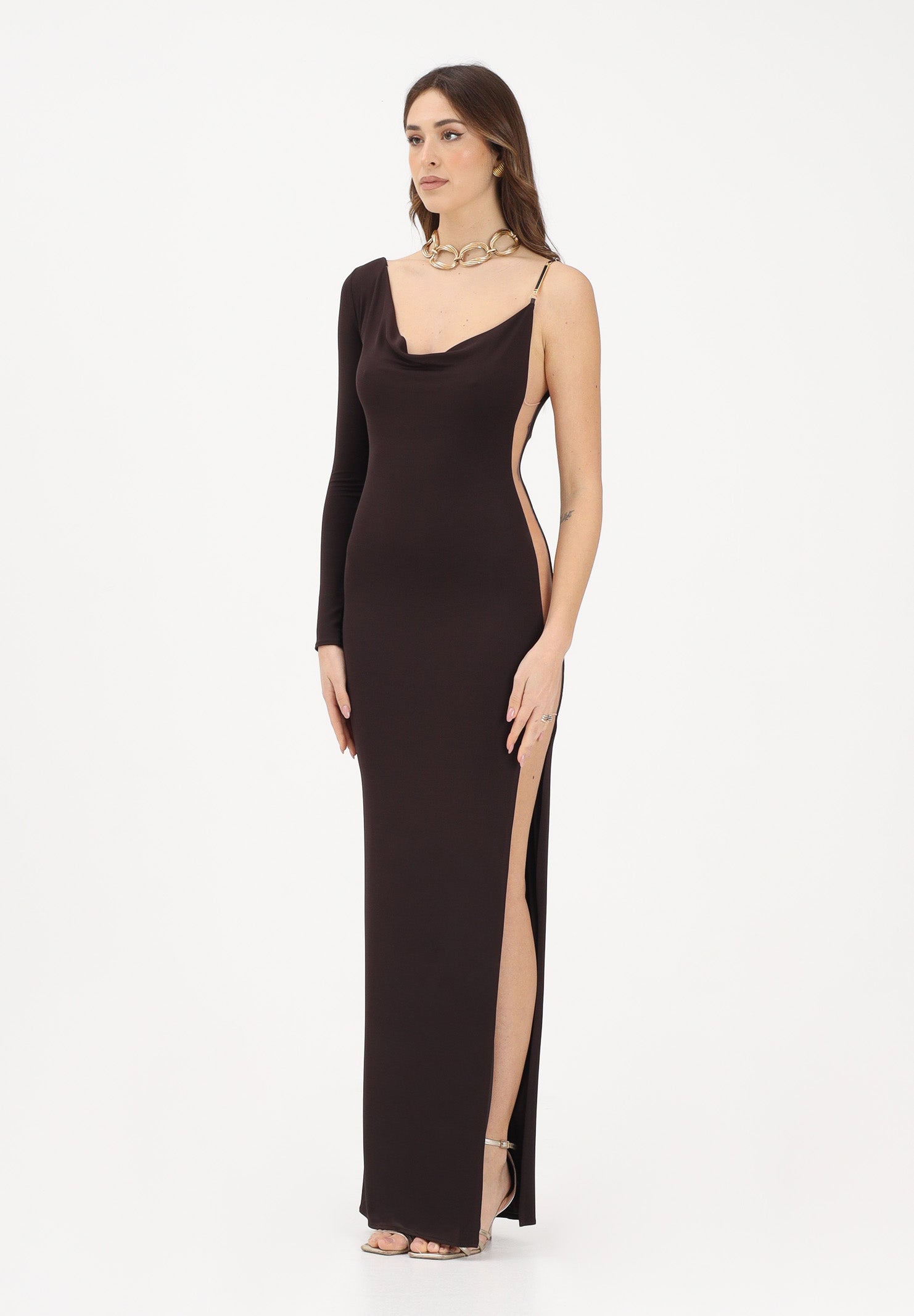 ELISABETTA FRANCHI Abito lungo marrone da donna con trasparenza ABR4762E2 EV9 ELISABETTA FRANCHI