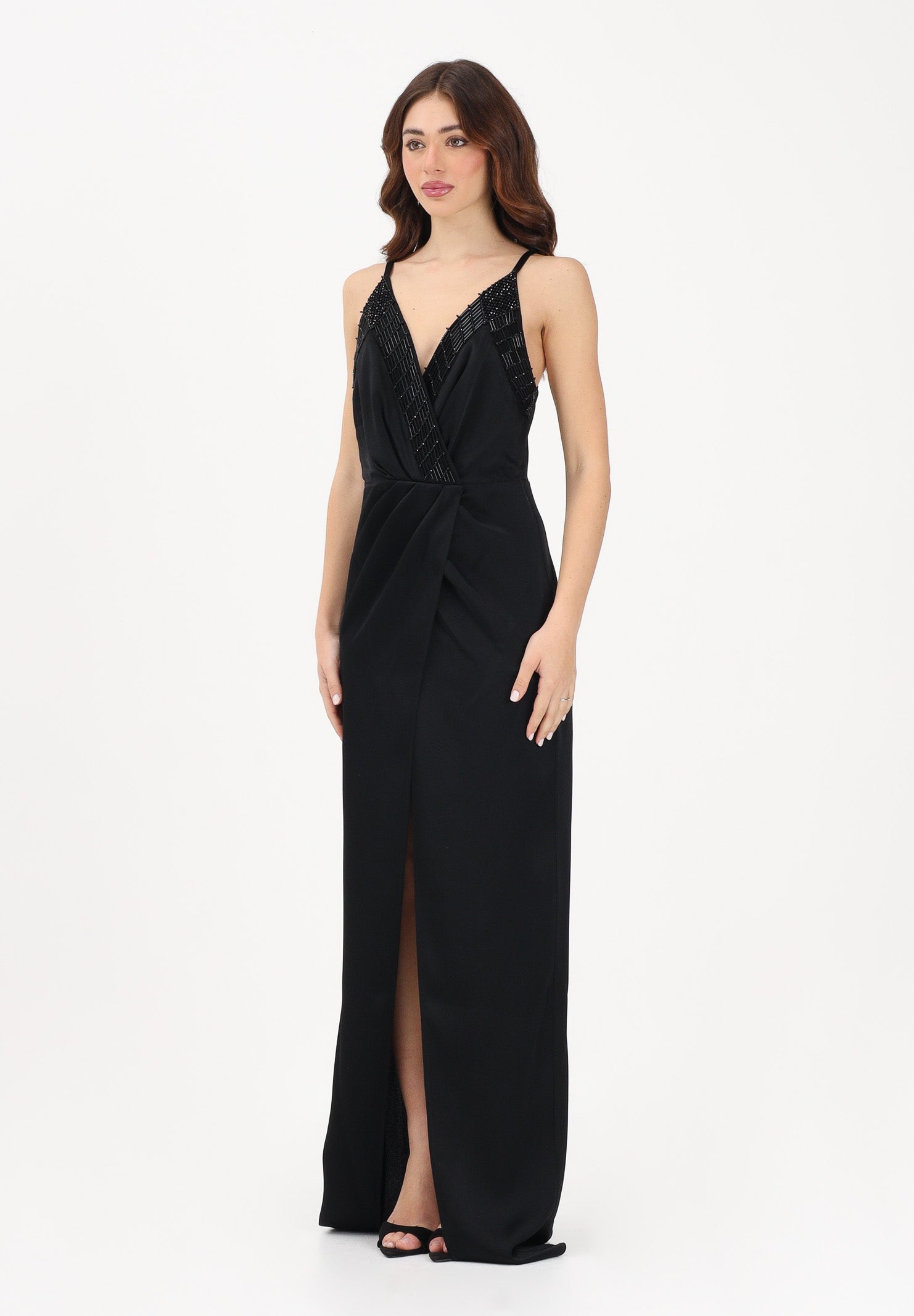 ELISABETTA FRANCHI Abito lungo nero da donna con ricami di perline ABR4862E2 110 ELISABETTA FRANCHI