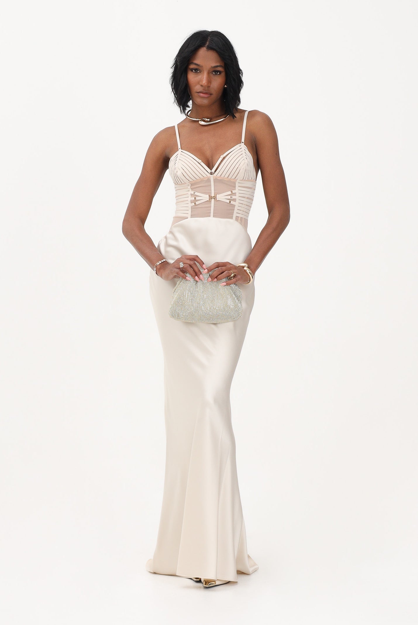 ELISABETTA FRANCHI Abito lungo avena da donna in raso ABR5362E2 197 ELISABETTA FRANCHI