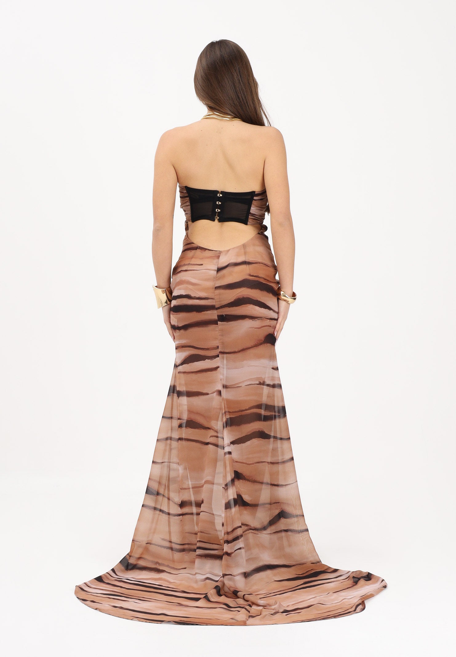 ELISABETTA FRANCHI Abito lungo cammello da donna con stampa tigrata ABR5562E2 470 ELISABETTA FRANCHI