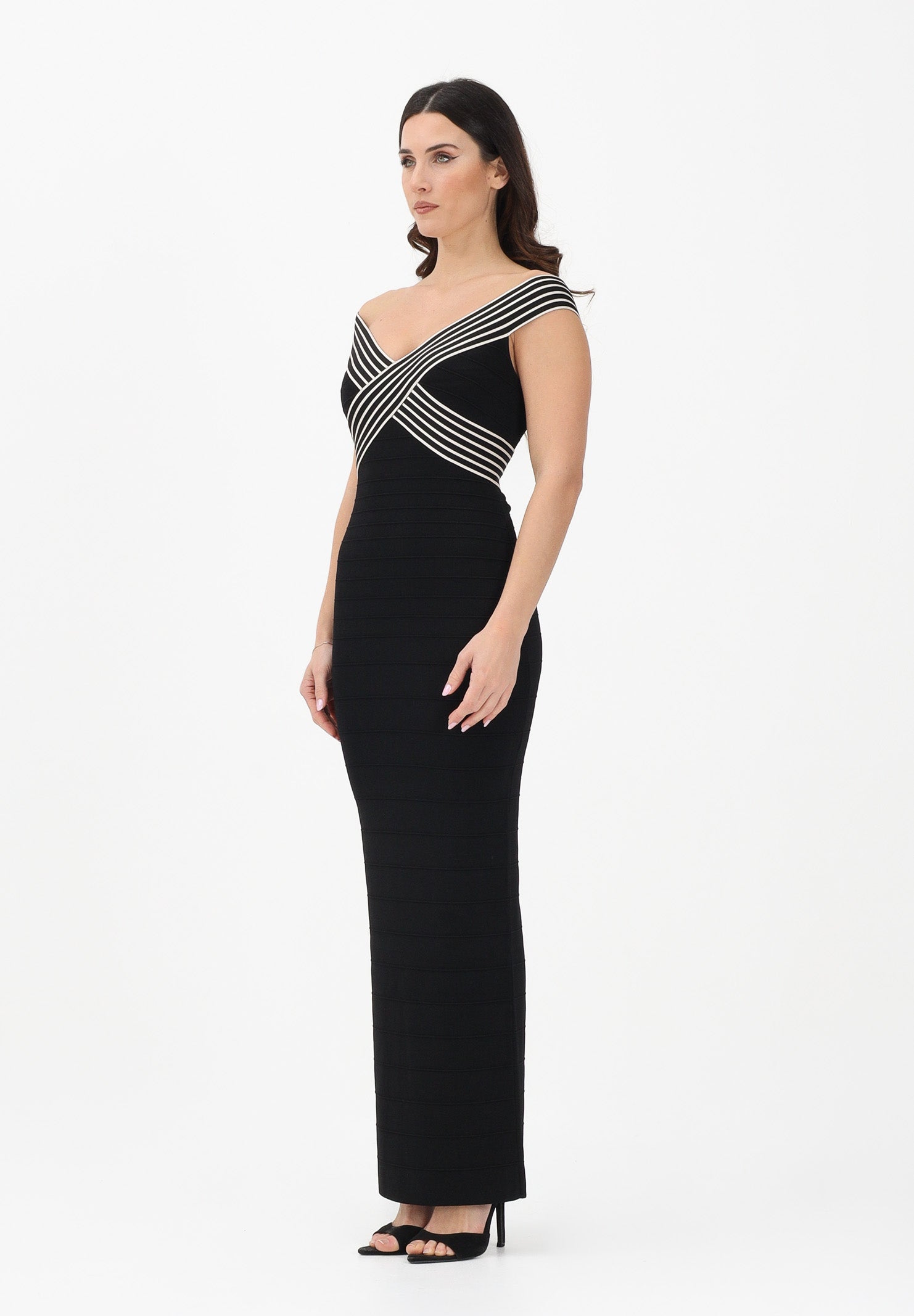 ELISABETTA FRANCHI Abito lungo nero da donna con bande a righe AM75S61E2 685 ELISABETTA FRANCHI