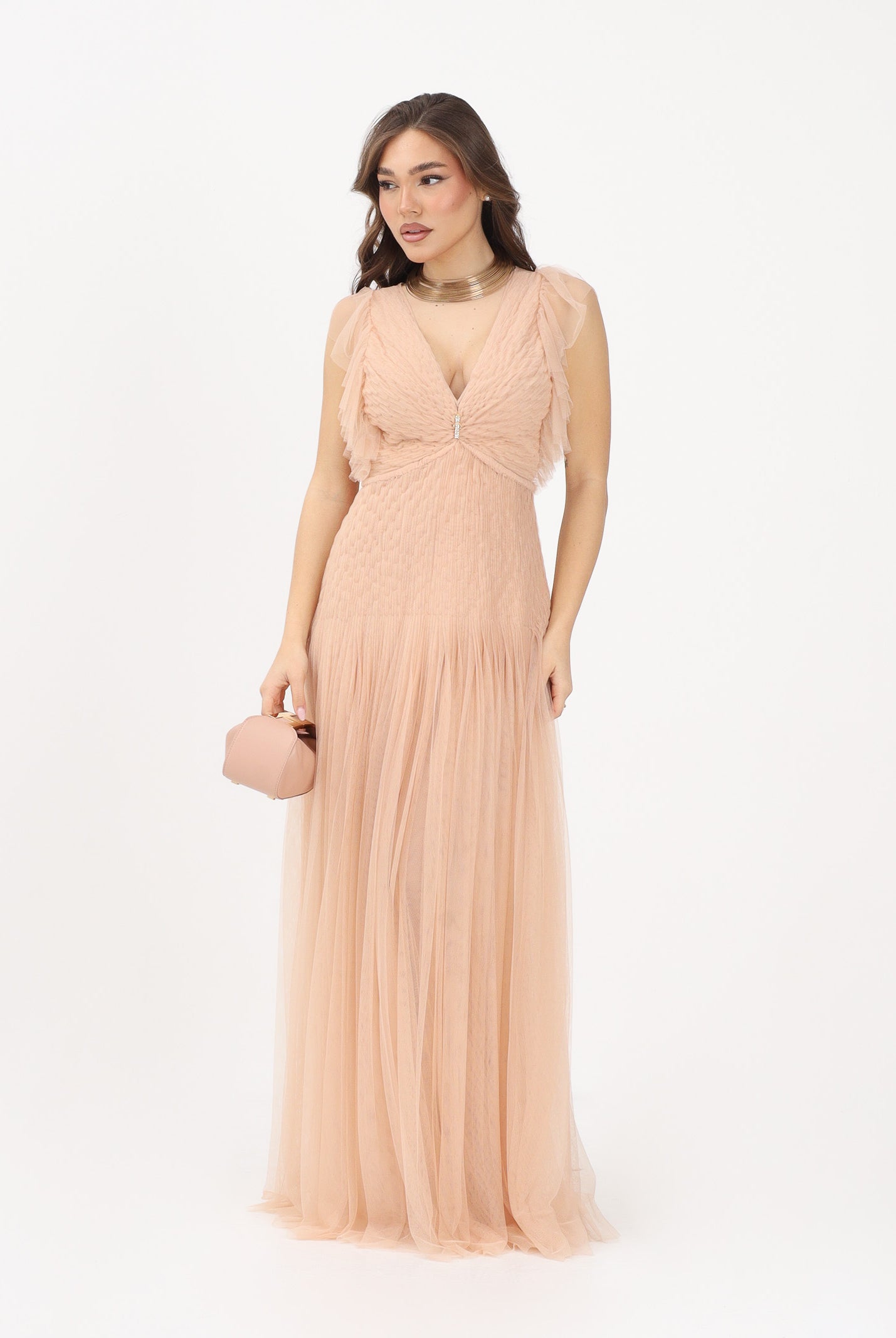 ELISABETTA FRANCHI Abito lungo nude da donna in tulle AR80J62E2 EA1 ELISABETTA FRANCHI
