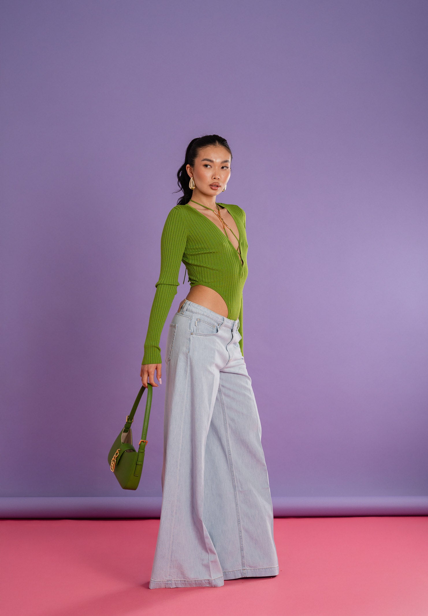 ELISABETTA FRANCHI Body a manica lunga verde da donna con dettaglio gioiello BK83S61E2 EV3 ELISABETTA FRANCHI
