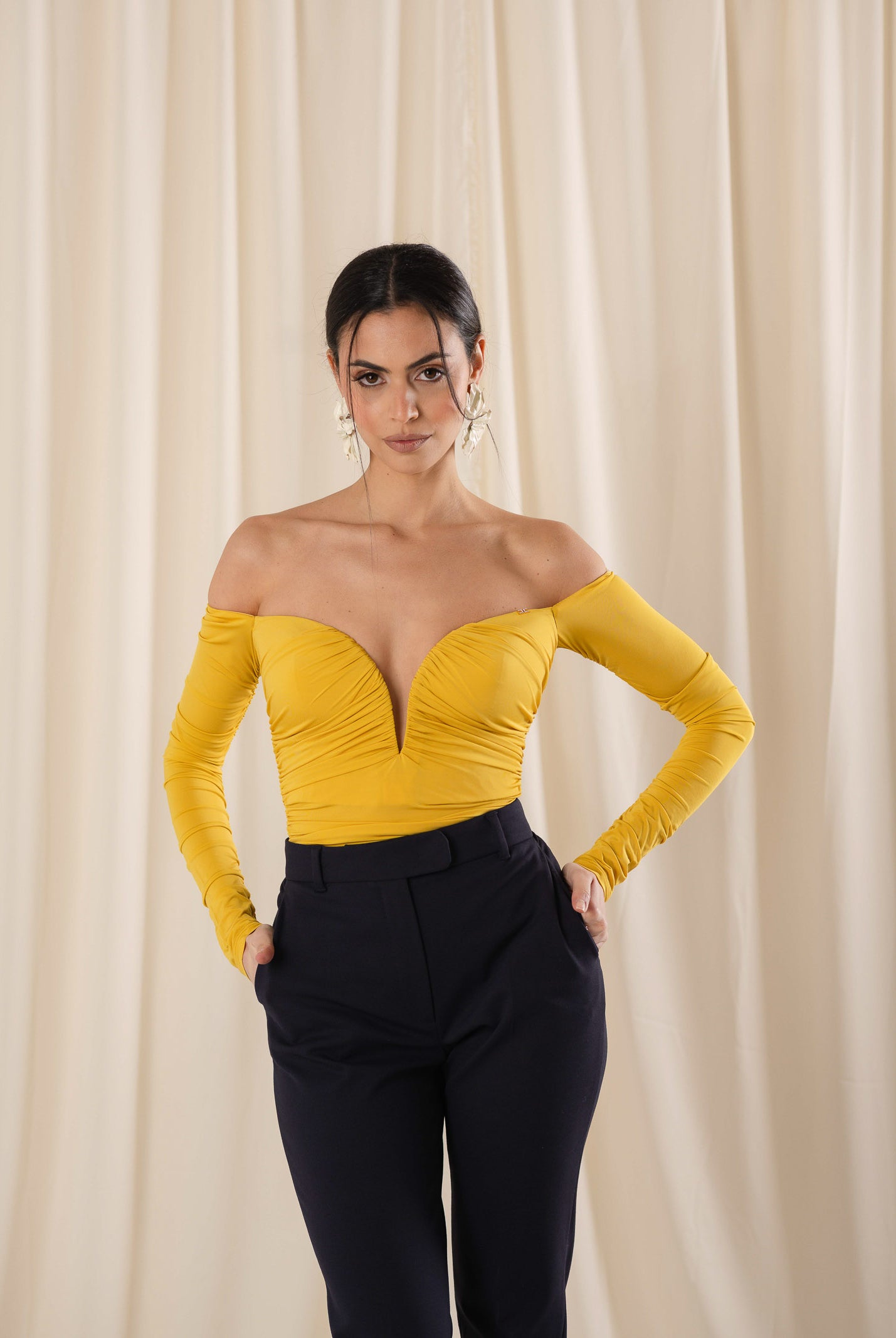 ELISABETTA FRANCHI Body giallo da donna con drappeggi BO01561E2 EV4 ELISABETTA FRANCHI