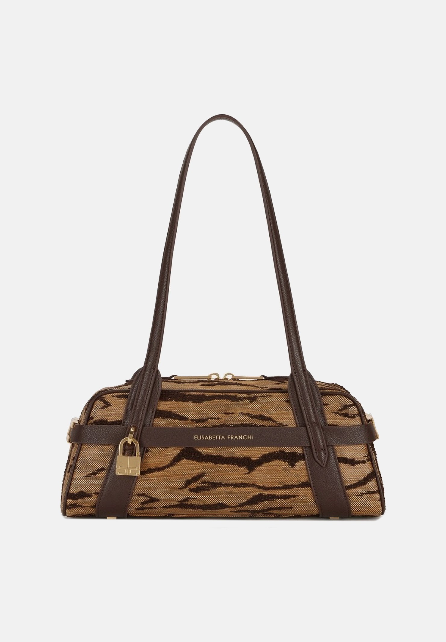 ELISABETTA FRANCHI Borsa a spalla cammello e marrone da donna con stampa tigre<BR/> BS11A62E2 470 ELISABETTA FRANCHI