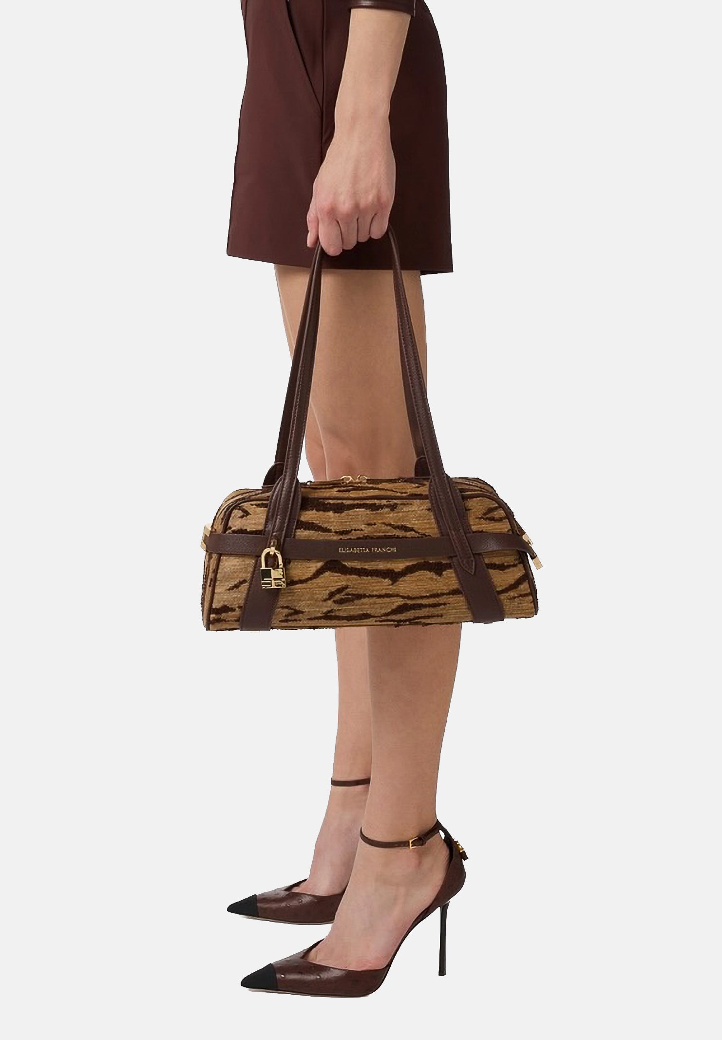 ELISABETTA FRANCHI Borsa a spalla cammello e marrone da donna con stampa tigre<BR/> BS11A62E2 470 ELISABETTA FRANCHI