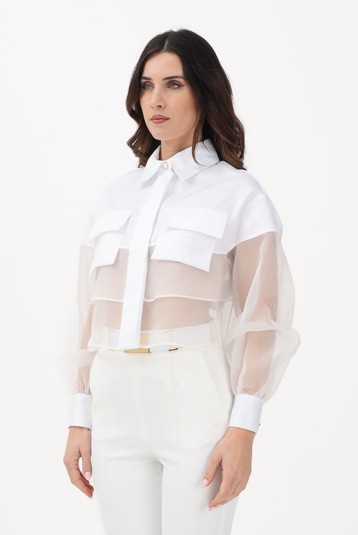 ELISABETTA FRANCHI Camicia a manica lunga bianca da donna con inserto in tulle CA11861E2 360 ELISABETTA FRANCHI