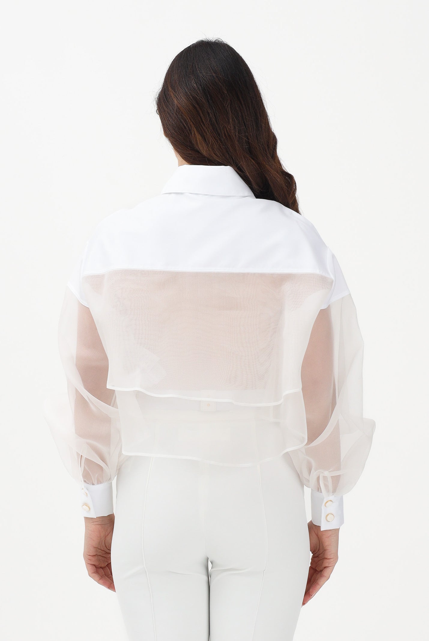 ELISABETTA FRANCHI Camicia a manica lunga bianca da donna con inserto in tulle CA11861E2 360 ELISABETTA FRANCHI