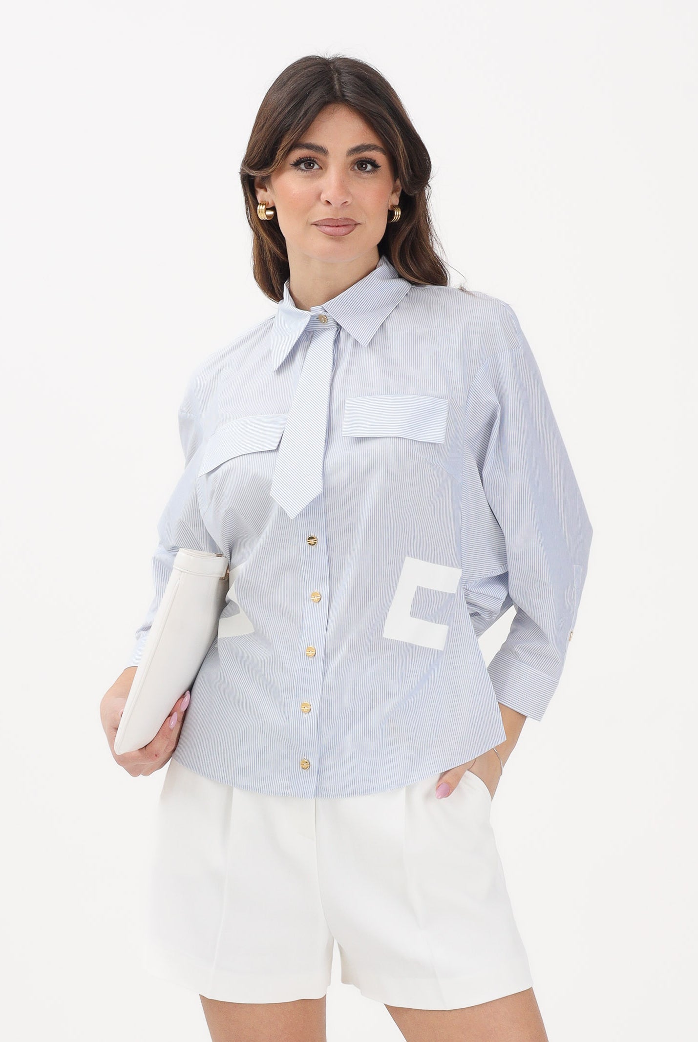 ELISABETTA FRANCHI Camicia con maniche a 3/4 bianca da donna con motivo a righe azzurre CA13261E2 019 ELISABETTA FRANCHI