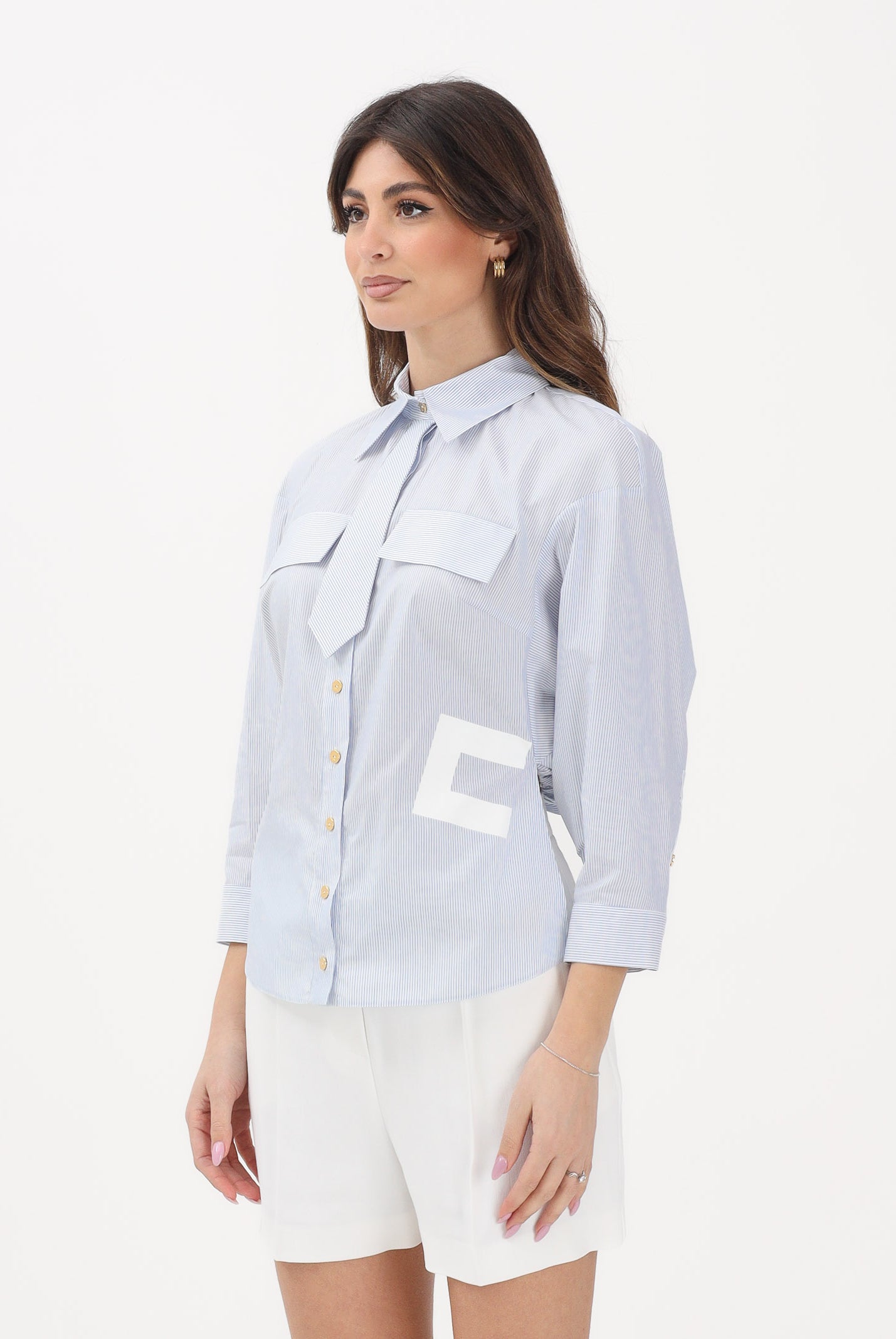 ELISABETTA FRANCHI Camicia con maniche a 3/4 bianca da donna con motivo a righe azzurre CA13261E2 019 ELISABETTA FRANCHI