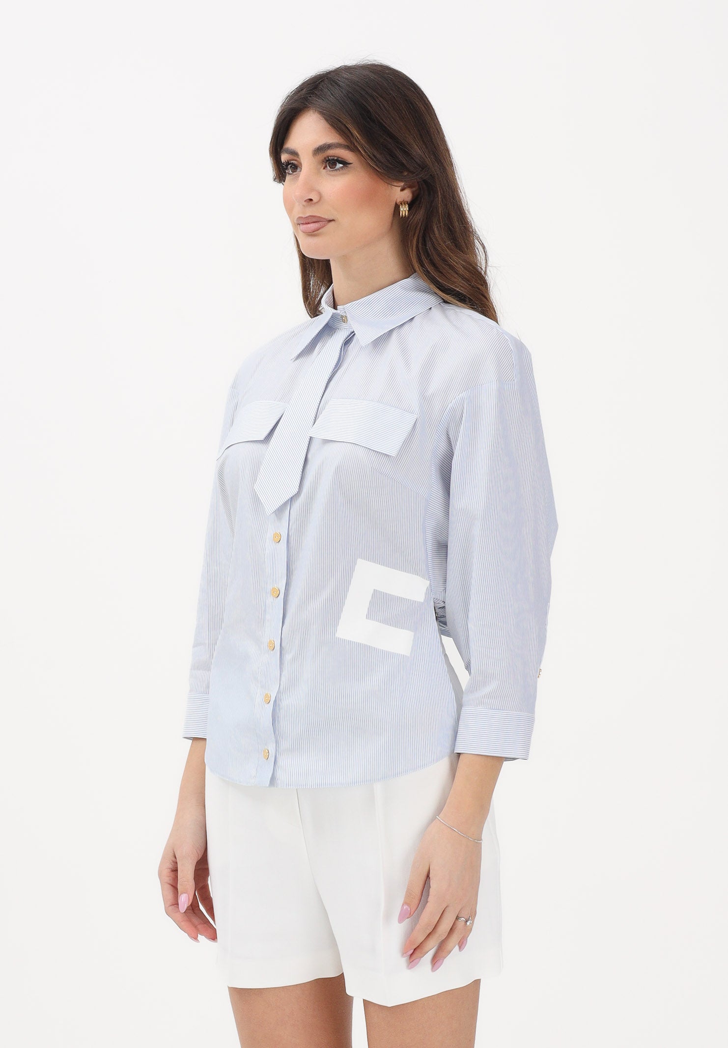 ELISABETTA FRANCHI Camicia con maniche a 3/4 bianca da donna con motivo a righe azzurre CA13261E2 019 ELISABETTA FRANCHI