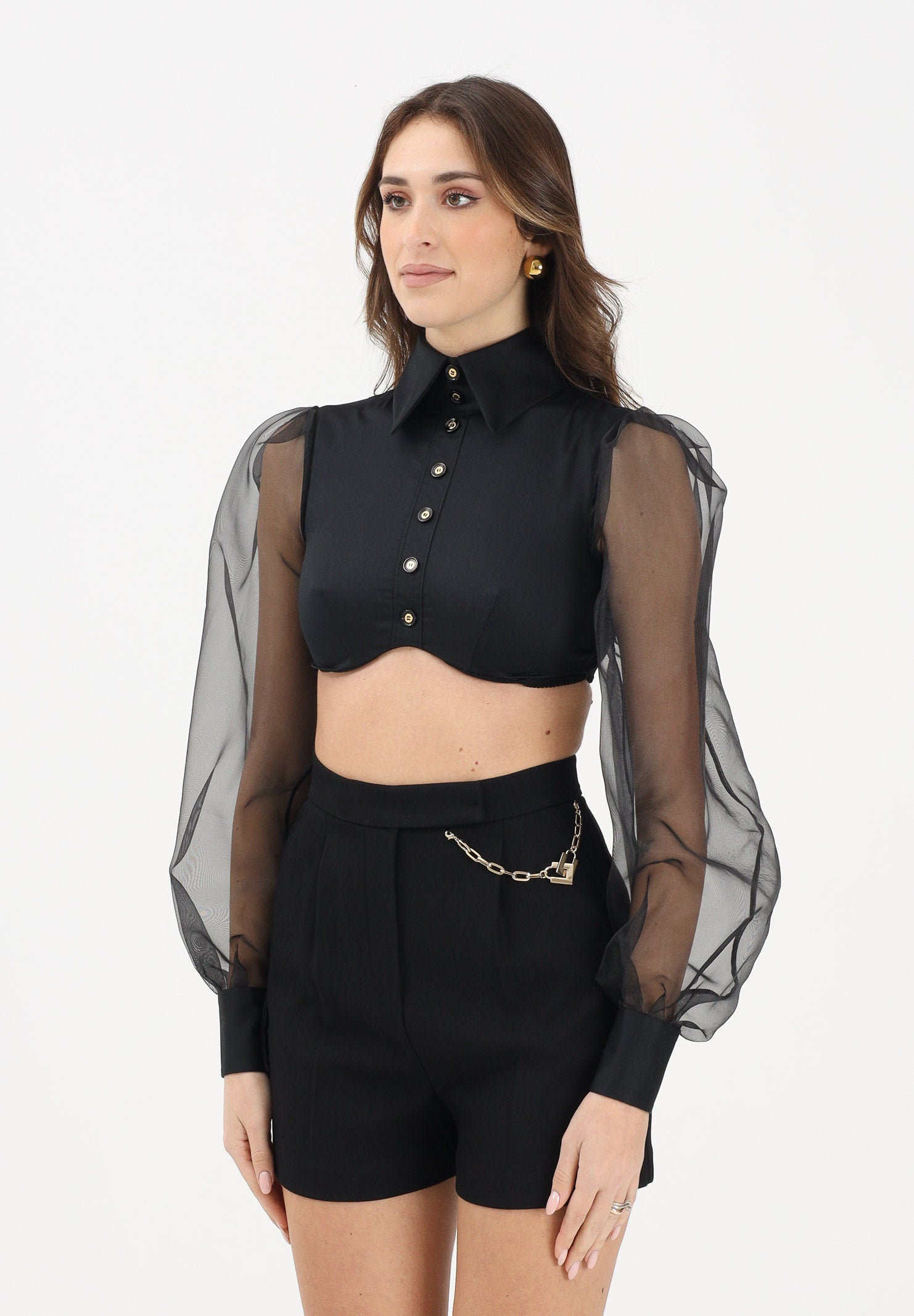 ELISABETTA FRANCHI Camicia crop nera da donna con maniche dai volumi balloon CA14461E2 110 ELISABETTA FRANCHI
