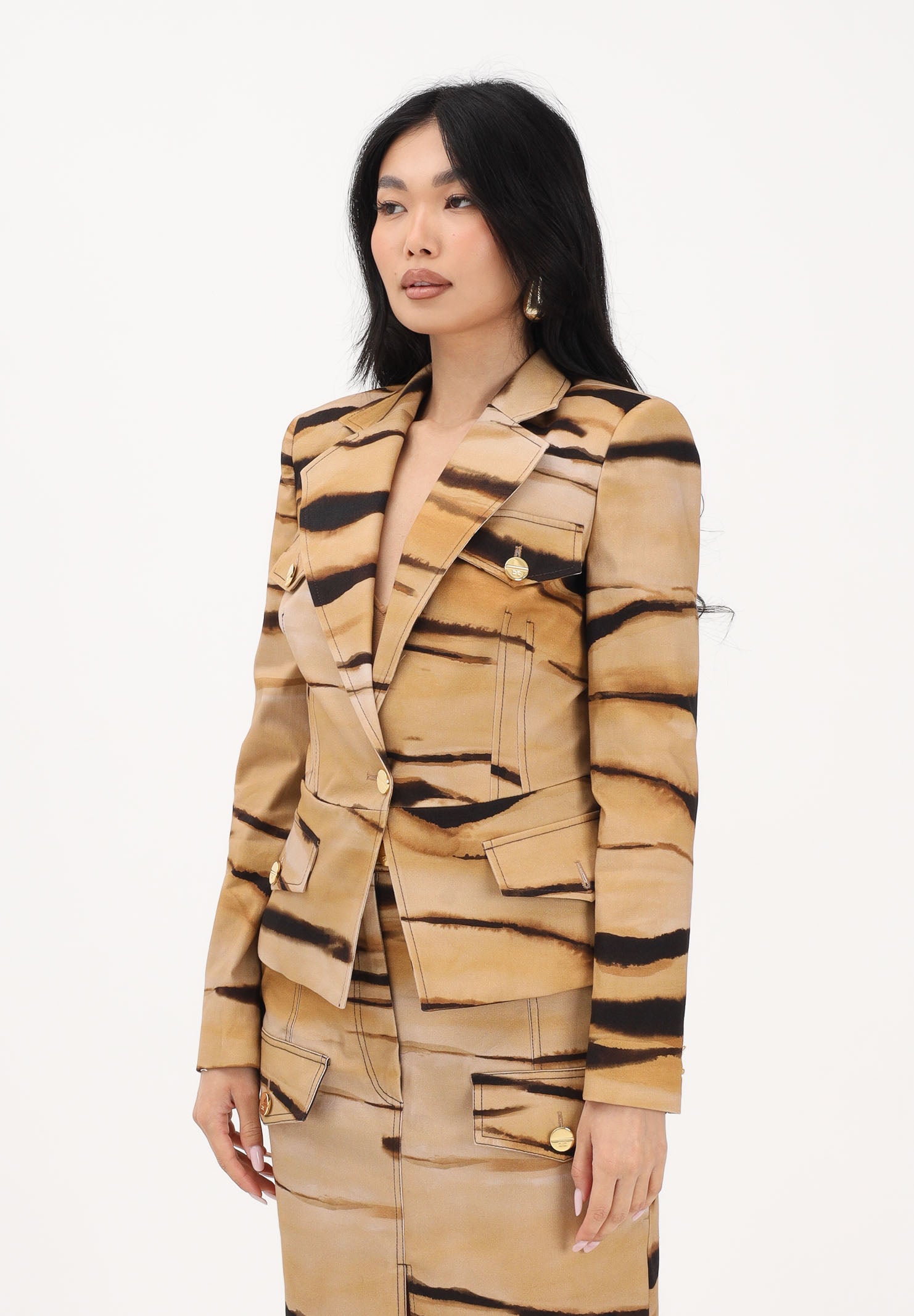ELISABETTA FRANCHI Giacca monopetto beige da donna con stampa tigre<BR/> GI23762E2 470 ELISABETTA FRANCHI