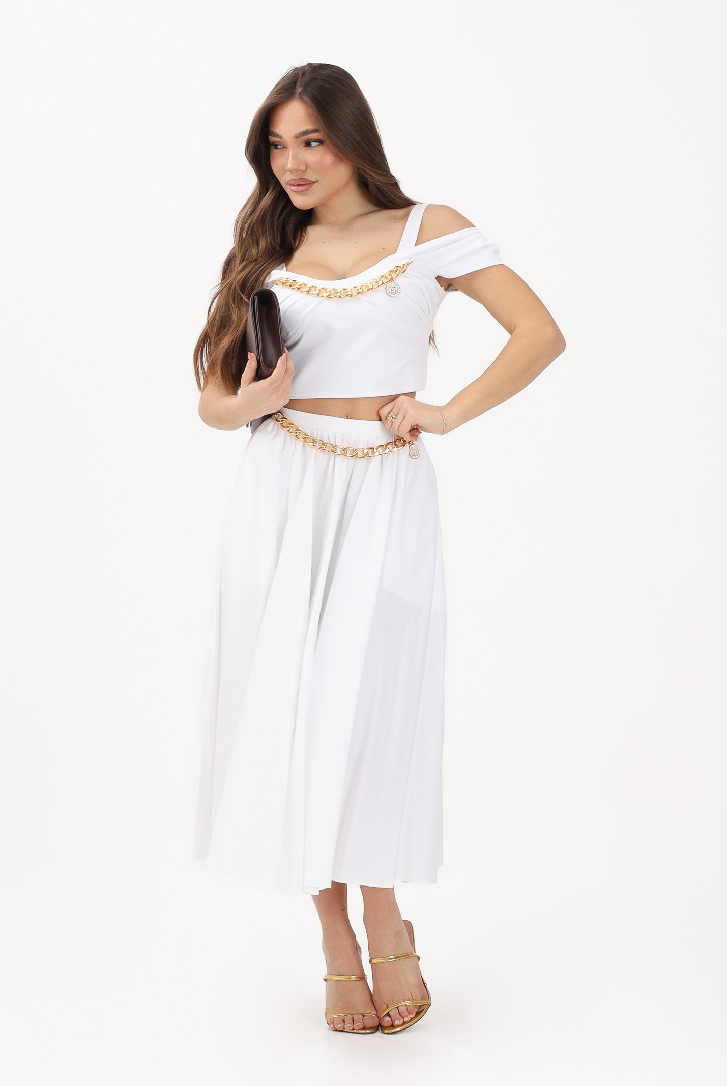 ELISABETTA FRANCHI Gonna midi bianca da donna con dettaglio gioiello GO16061E2 100 ELISABETTA FRANCHI