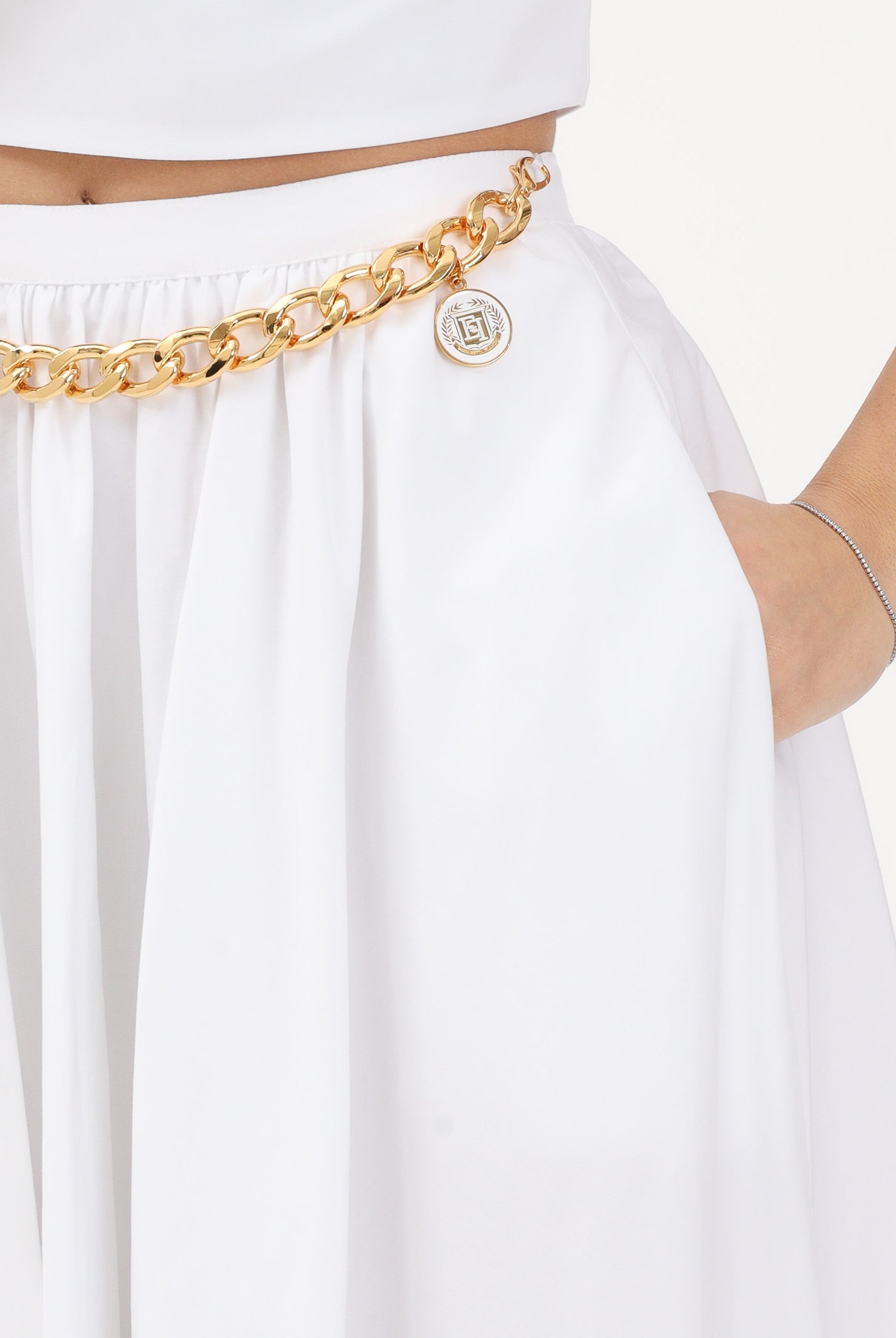 ELISABETTA FRANCHI Gonna midi bianca da donna con dettaglio gioiello GO16061E2 100 ELISABETTA FRANCHI