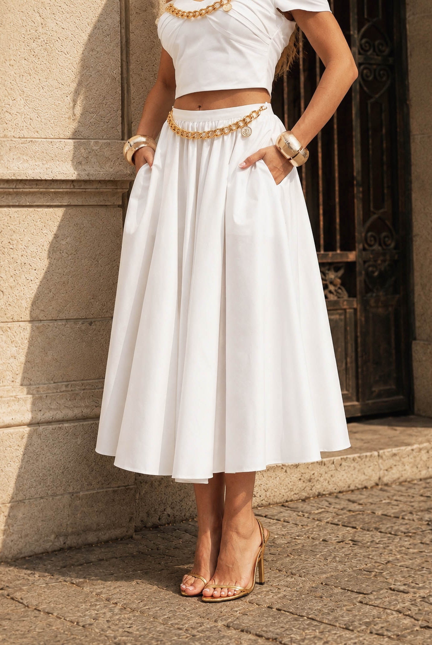 ELISABETTA FRANCHI Gonna midi bianca da donna con dettaglio gioiello GO16061E2 100 ELISABETTA FRANCHI