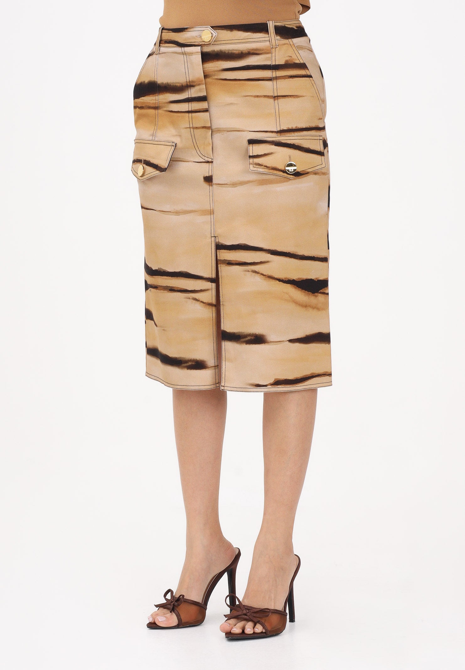 ELISABETTA FRANCHI Gonna midi beige da donna con stampa tigre<BR/> GO18362E2 470 ELISABETTA FRANCHI