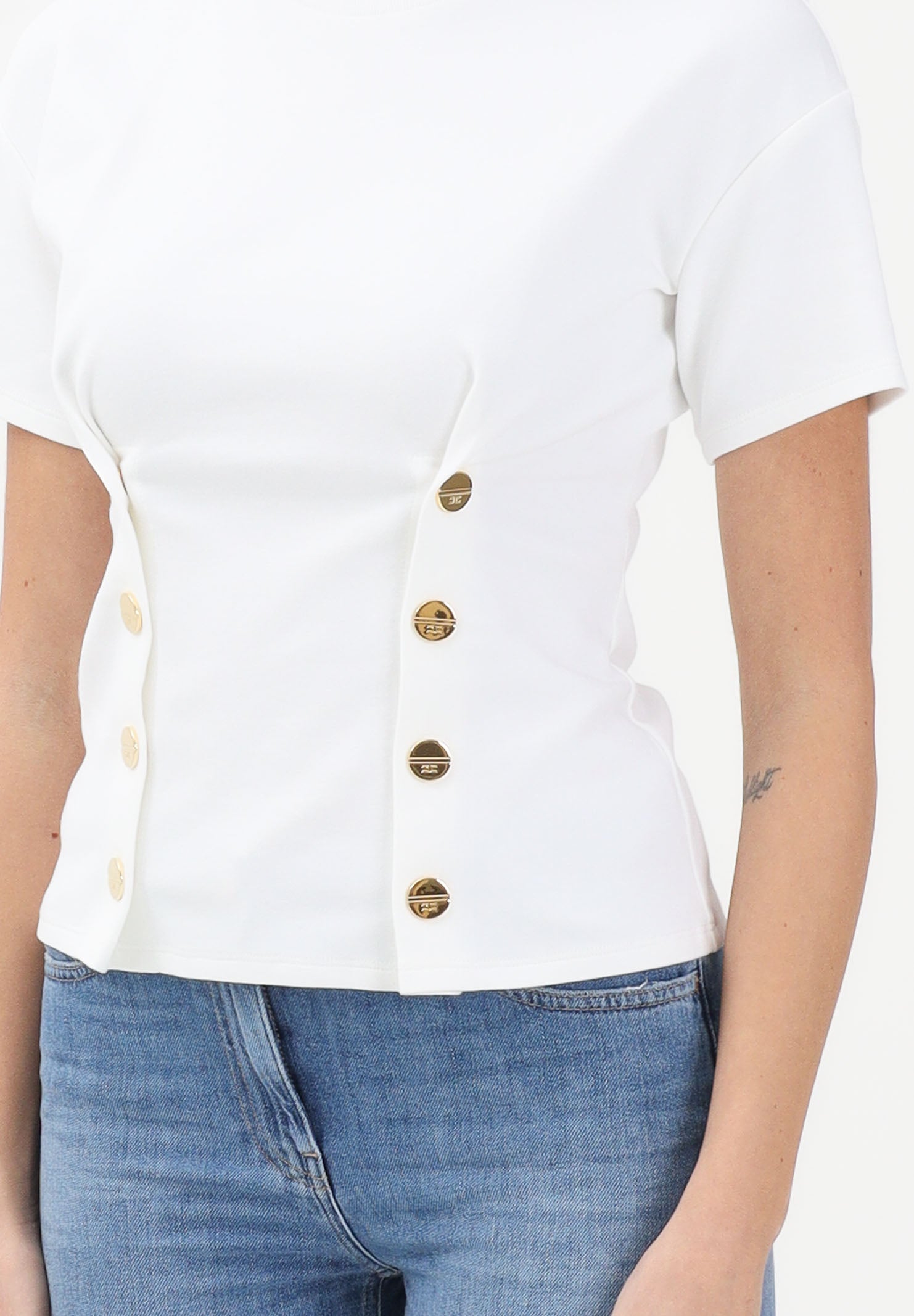 ELISABETTA FRANCHI T-shirt a manica corta bianca da donna con applicazioni di bottoni decorativi MA00461E2 270 ELISABETTA FRANCHI