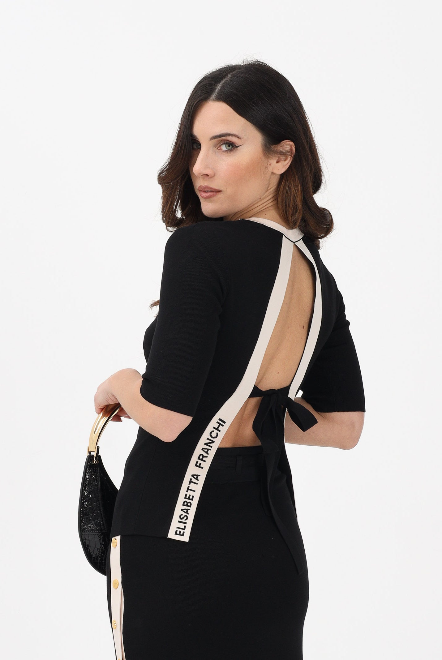 ELISABETTA FRANCHI Maglia girocollo nera da donna con maniche ¾ e schiena scoperta MK67S61E2 685 ELISABETTA FRANCHI