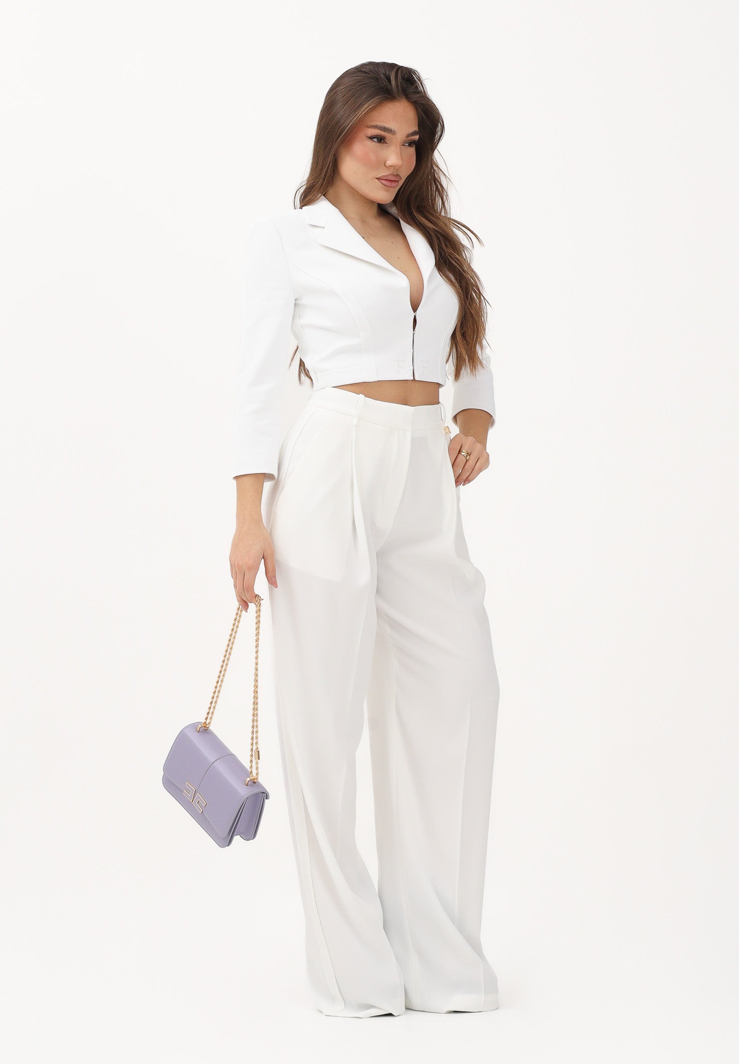 ELISABETTA FRANCHI Pantalone elegante avorio da donna con logo charm PA16761E2 360 ELISABETTA FRANCHI