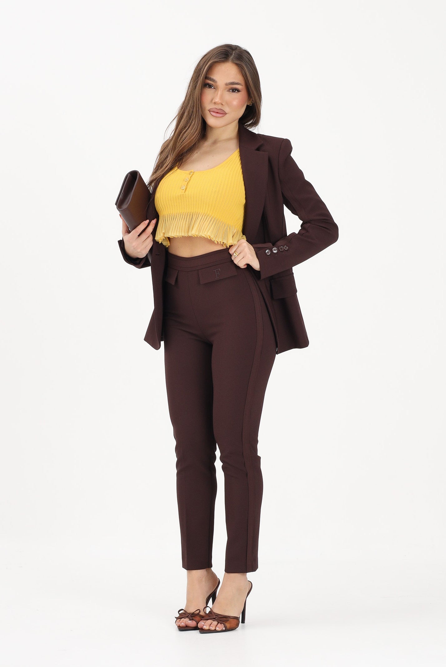ELISABETTA FRANCHI Pantalone elegante cacao da donna con logo ricamato PA17061E2 644 ELISABETTA FRANCHI