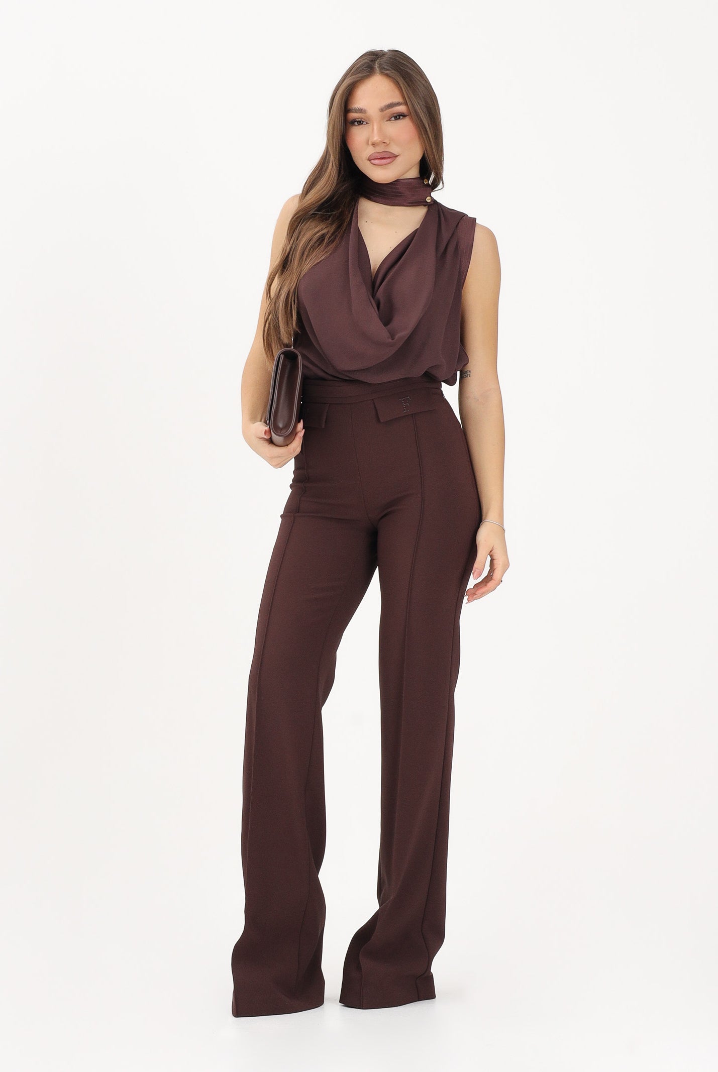 ELISABETTA FRANCHI Pantalone elegante cacao da donna con logo ricamato<BR/> PA17161E2 644 ELISABETTA FRANCHI